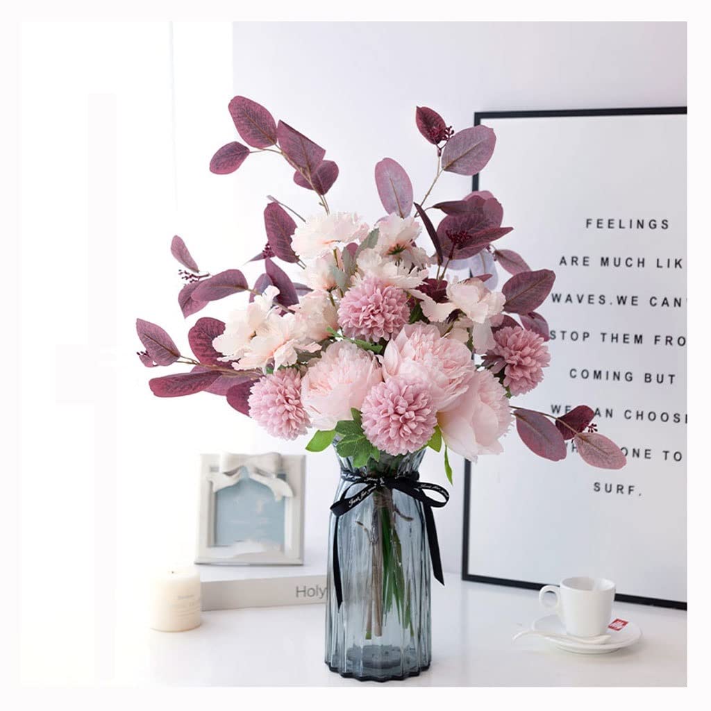 ZXIN Artificial Silk Flowers in Glass Vase - Faux Plants for Home Decor, Office Desk, Wedding Centerpiece & Table Decoration - Realistic Fake Flower Bonsai in Pot