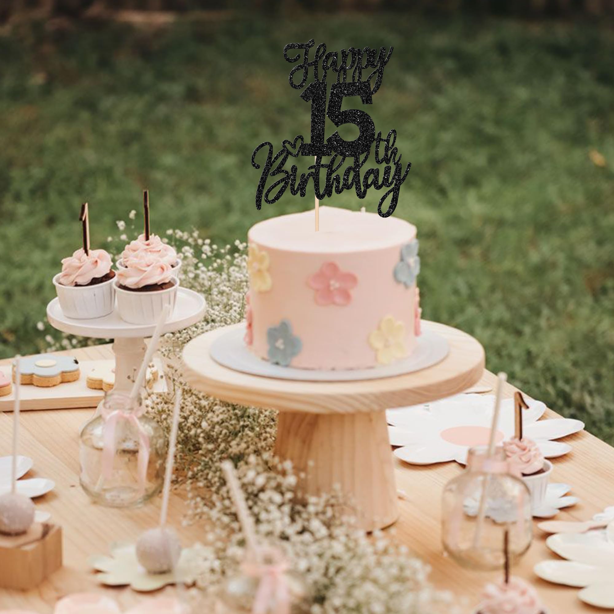 15th Birthday Cake Topper - Glitter 'Cheers to 15 Years' Cake Decoration | Sweet 15 Fabulous Party Supplies for Anniversary Theme Celebrations (Black) - Perfect for Birthday Cakes, Cupcakes & Dessert Tables