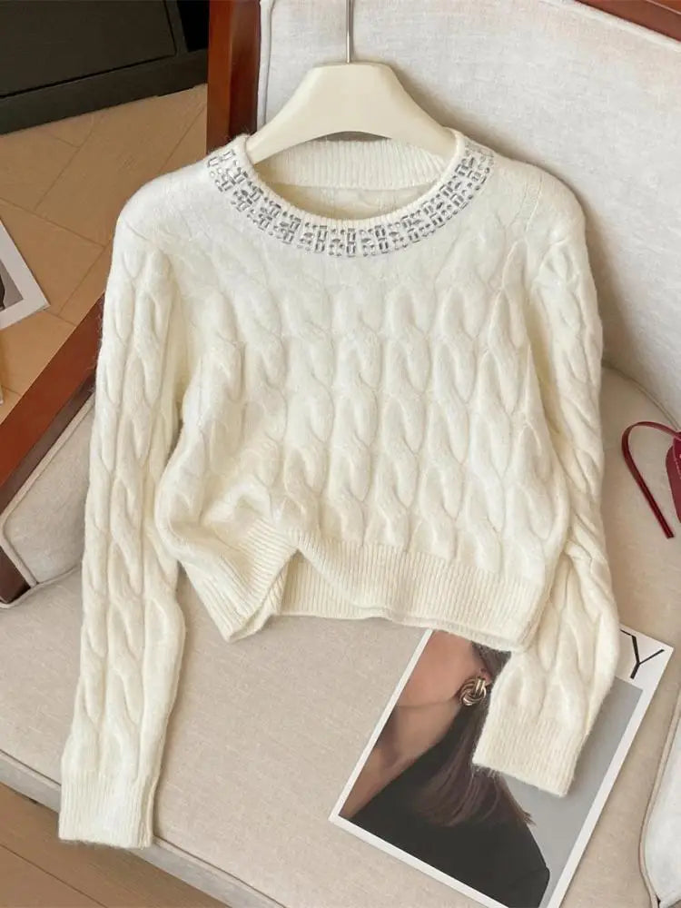Women's Beige & Pink Diamond Knit Sweater - Round Neck Long Sleeve Pullover Top for Fall Winter | Casual Chic Fashion Knitwear for Office, Dating & Holiday Outfits