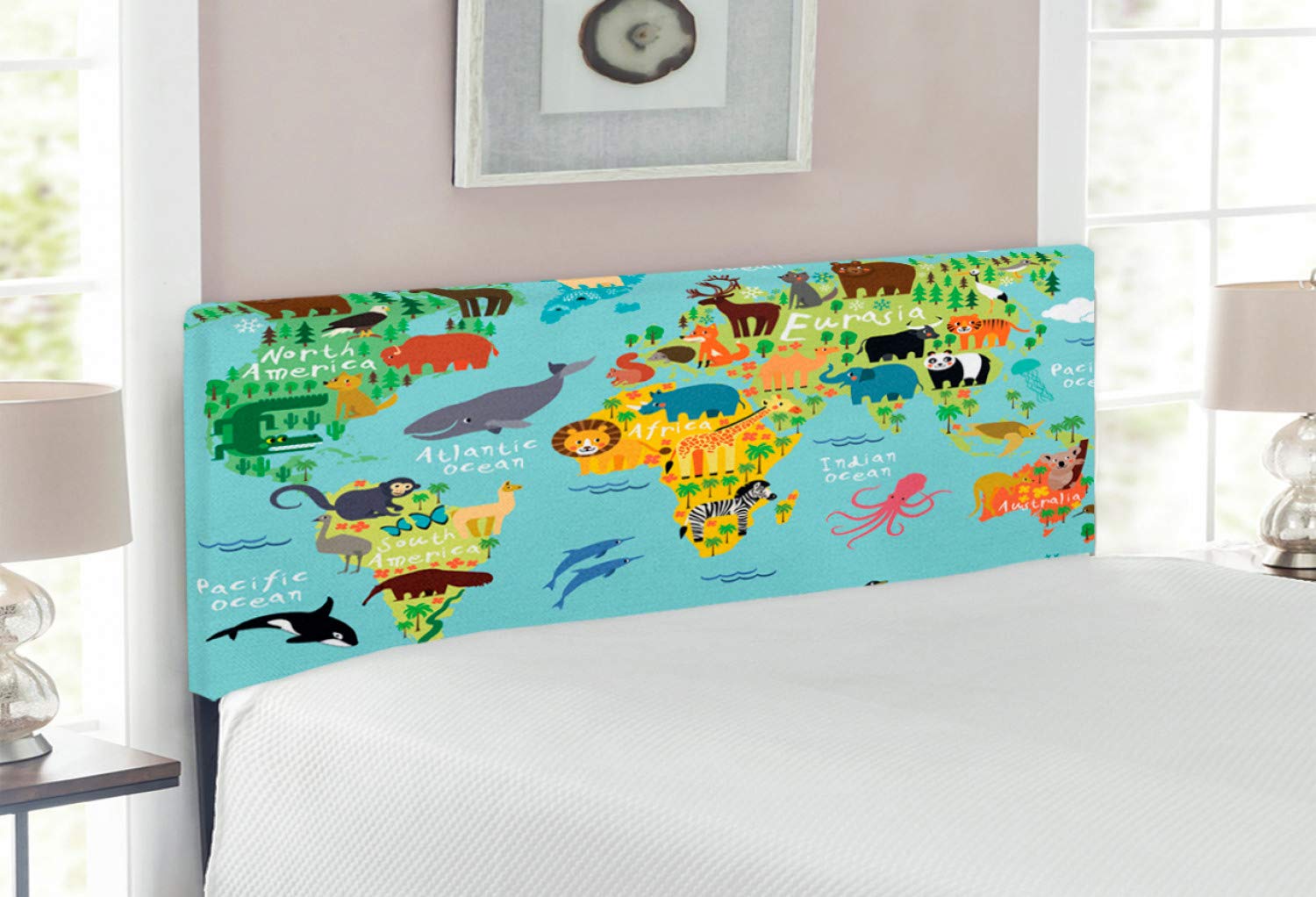 Ambesonne Wanderlust Upholstered Headboard - Full Size World Map Animal Design with Memory Foam | Blue, Yellow & Green Cartoon Landscape Bed Headboard for Kids & Teens Rooms | Perfect for Adventure-Themed Bedroom Decor