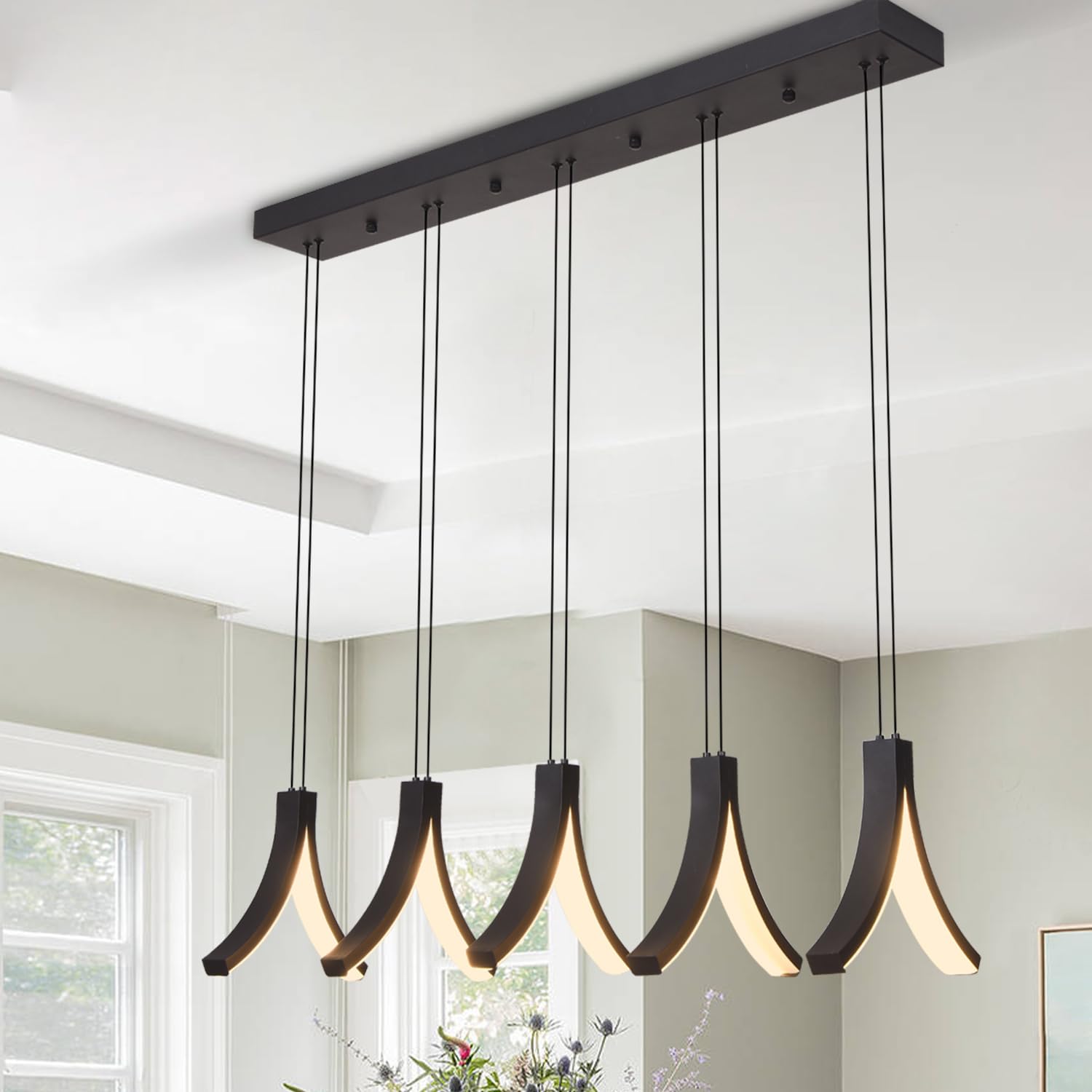 Modern 5-Light Linear Pendant Light Fixture - Dimmable LED Black Hanging Light for Kitchen Island, Dining Room & Living Room | 3000K Warm White | Perfect for Contemporary Home Decor & Restaurant Lighting