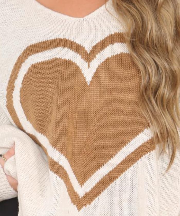 WICKEDFASHIONS123 Women's Oversized Knit Sweater - Big Heart Print Tunic Pullover, Plus Size Winter Warm Long Sleeve Top (Cream, UK 24-26) | Cozy Casual Wear for Lounge, Office & Date Nights