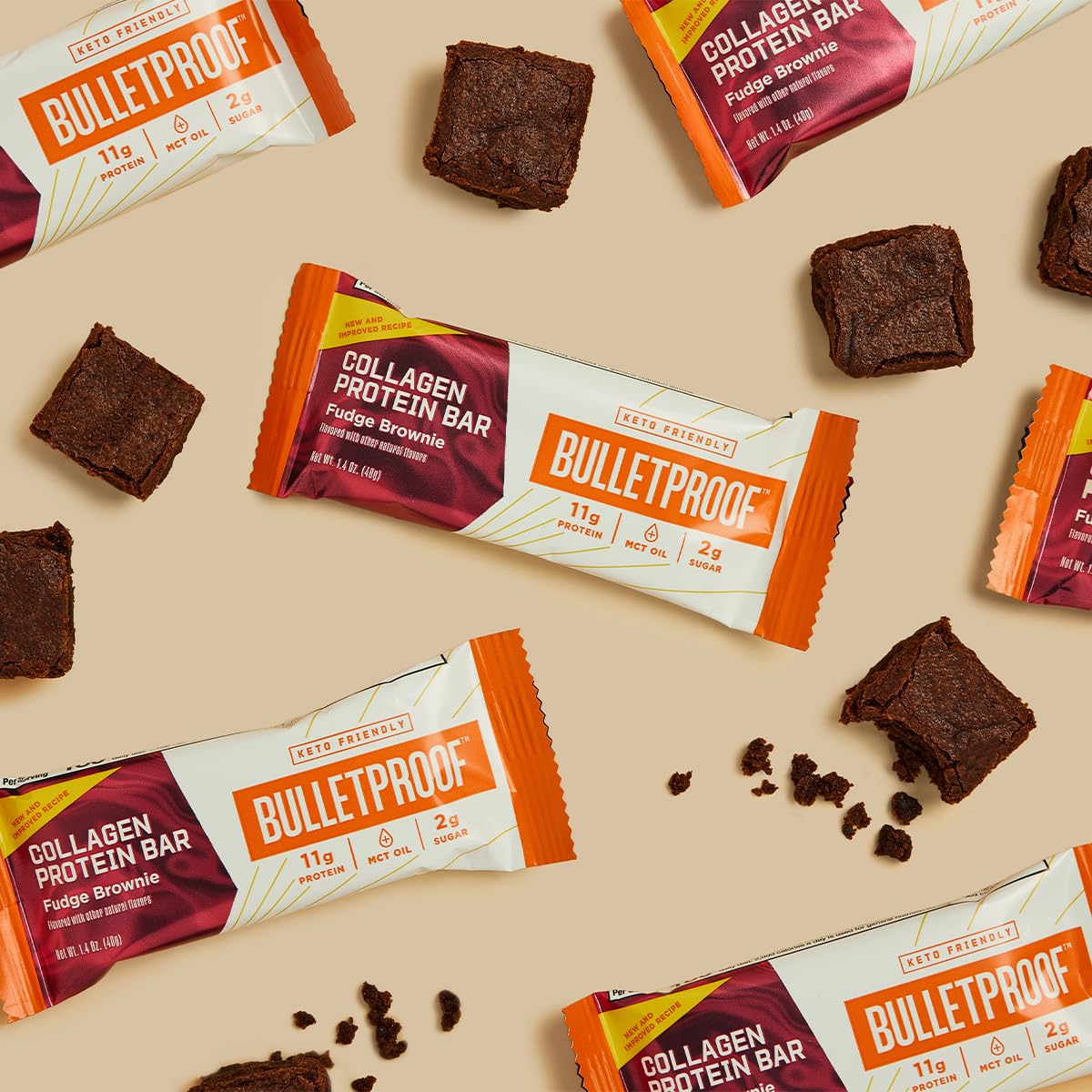 Keto-Friendly Bulletproof Fudge Brownie Collagen Protein Bars - Pack of 12 | Grass-Fed Collagen & MCT Oil | No Added Sugar | Perfect for Low-Carb Diet, Post-Workout Recovery & Healthy Snacking