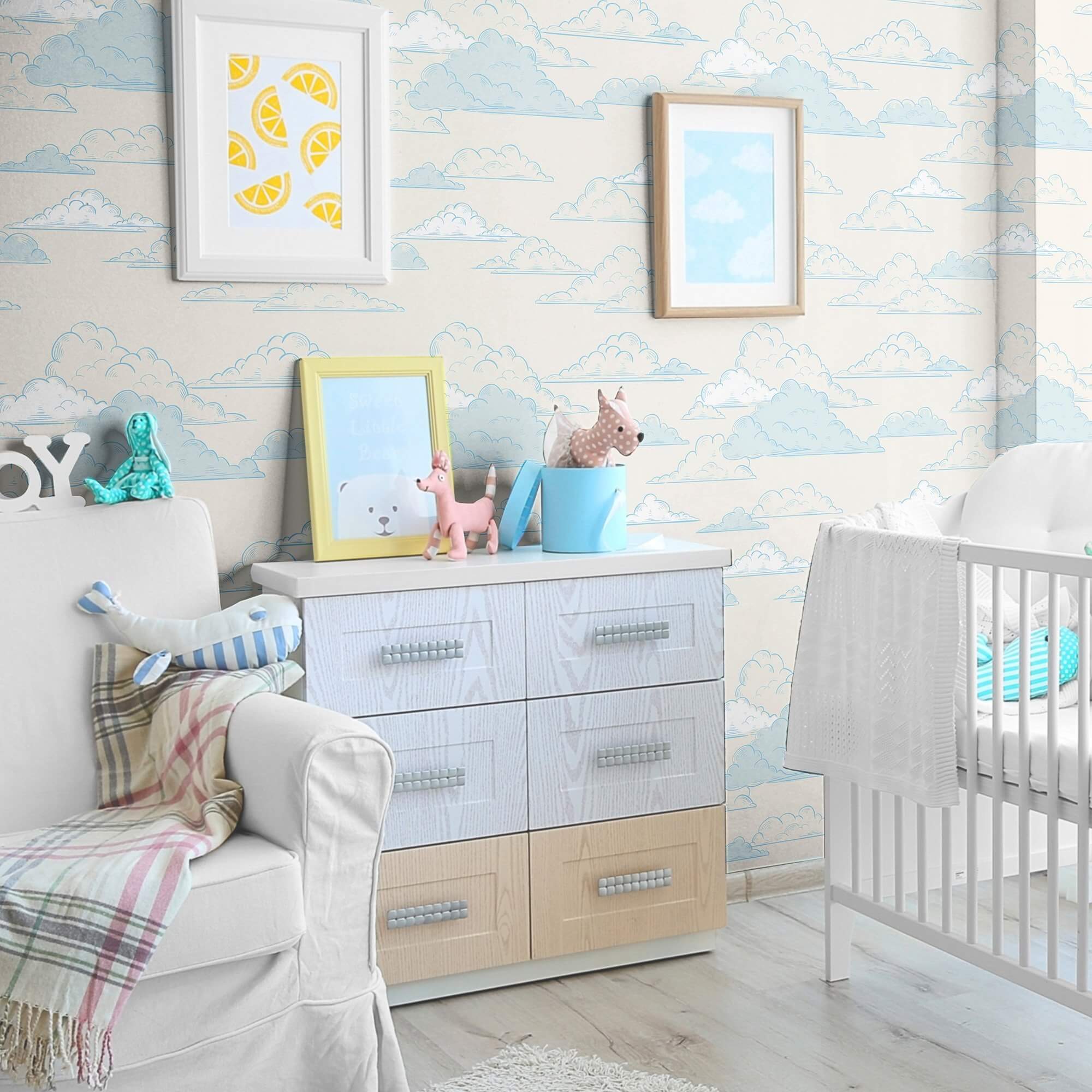 Blue and White Clouds Peel and Stick Removable Wallpaper for Kids - Self-Adhesive Nursery Decor - Perfect for Bedroom, Playroom, and Classroom Walls