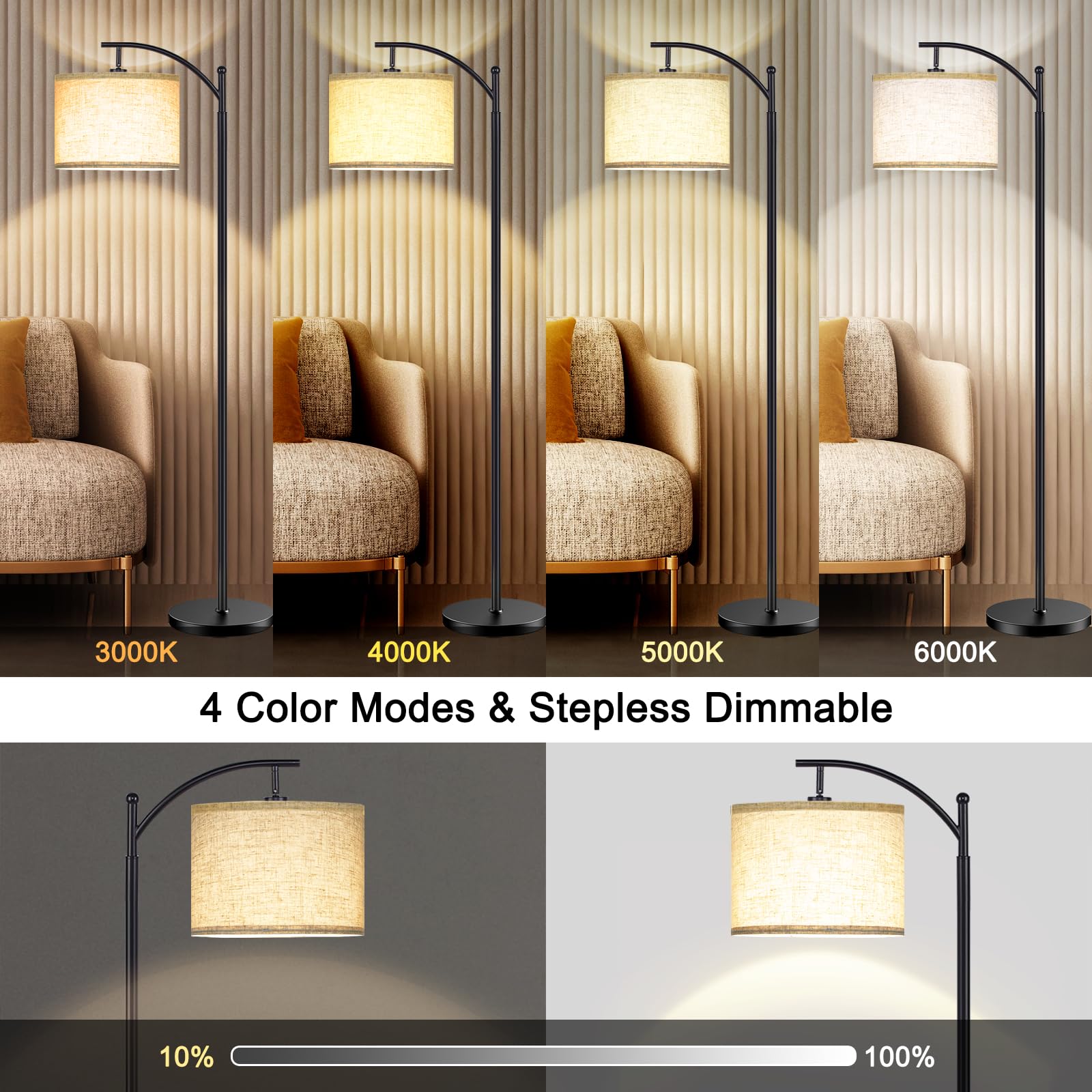 LANICHO Smart LED Floor Lamp - Dimmable Industrial Arc Standing Light with Alexa & Google Home Compatibility - Modern Reading Lamp for Living Room, Bedroom (Black) | Perfect for Cozy Reading Nooks & Contemporary Home Decor