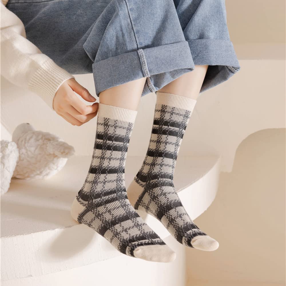 Women's Black and White Plaid Striped Crew Socks - Cotton Mid-Tube Ankle Socks for Girls & Women - Casual Comfort Socks - Perfect Gift Idea for Everyday Wear, School, Work & Outfits
