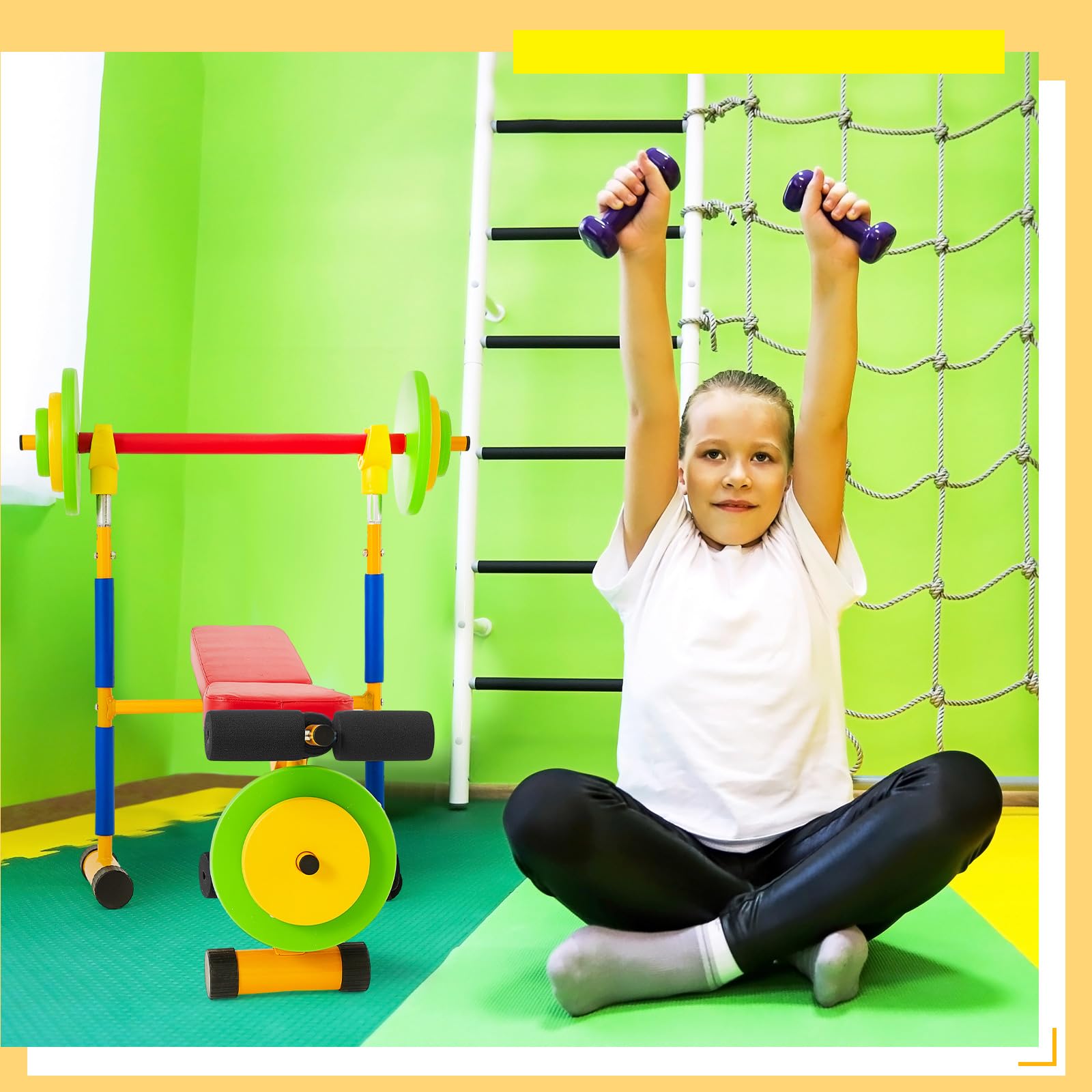 Meooeck Adjustable Kids Weight Bench Set with Weights, Foam Tray & Bar - Fitness Exercise Equipment for Children & Toddlers - Perfect for Indoor/Outdoor Sports, Home Gym & Beginner Workouts