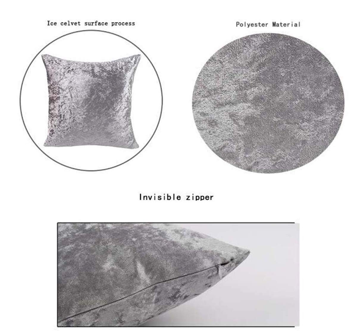 Premium Crushed Velvet Throw Pillow Covers Set of 2 - 20x20 Inch Soft Decorative Square Pillow Cases for Couch, Sofa, Bed & Car - Solid Silver Grey - Cozy Home & Office Decor
