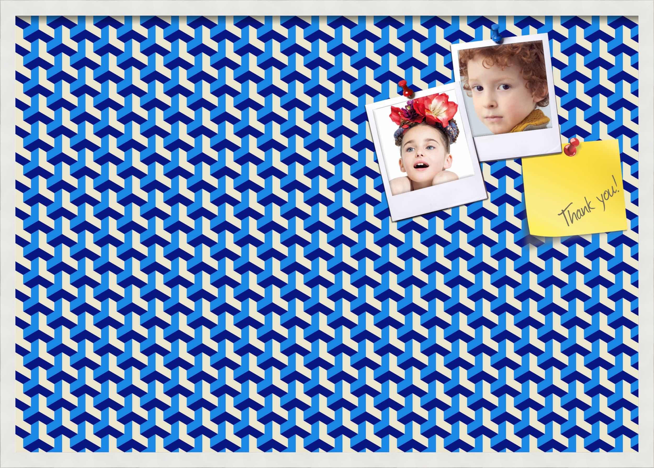 PinPix 40x28 Inch Cork Bulletin Board with BAUS Blue Beige Design & Satin White Frame - Decorative Framed Pin Board for Home Office School Decor - Perfect for Notes, Photos, Reminders & Wall Organization