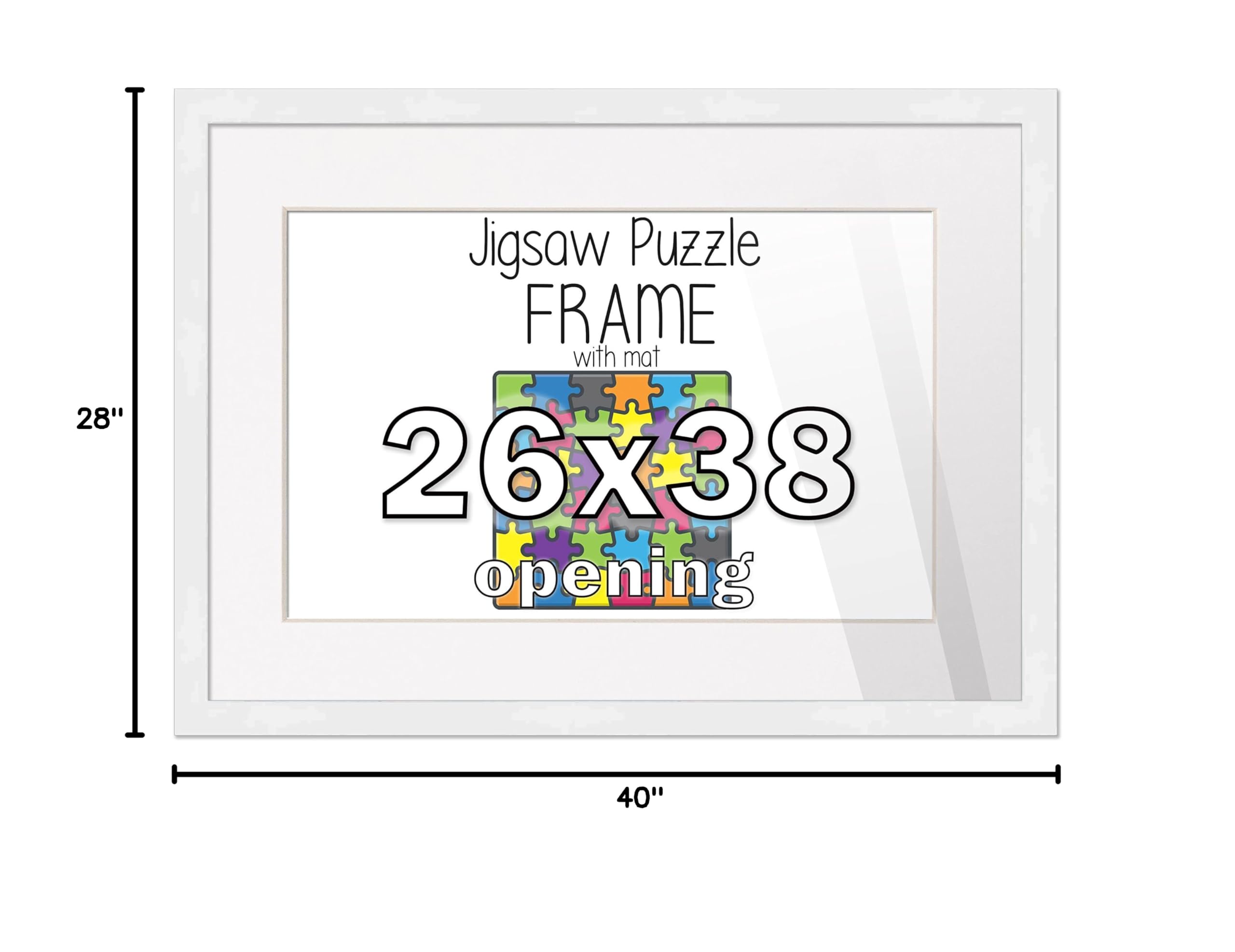 28x40 White Solid Wood Picture Frame with White Photo Mat - Perfect for Displaying 26x38 Puzzles | Includes Acrylic Plexiglass, Foam Board Backing, Hanging Hardware & Peel & Stick Puzzle Glue Sheets | Ideal for Home Decor, Office Display or Gift Giving