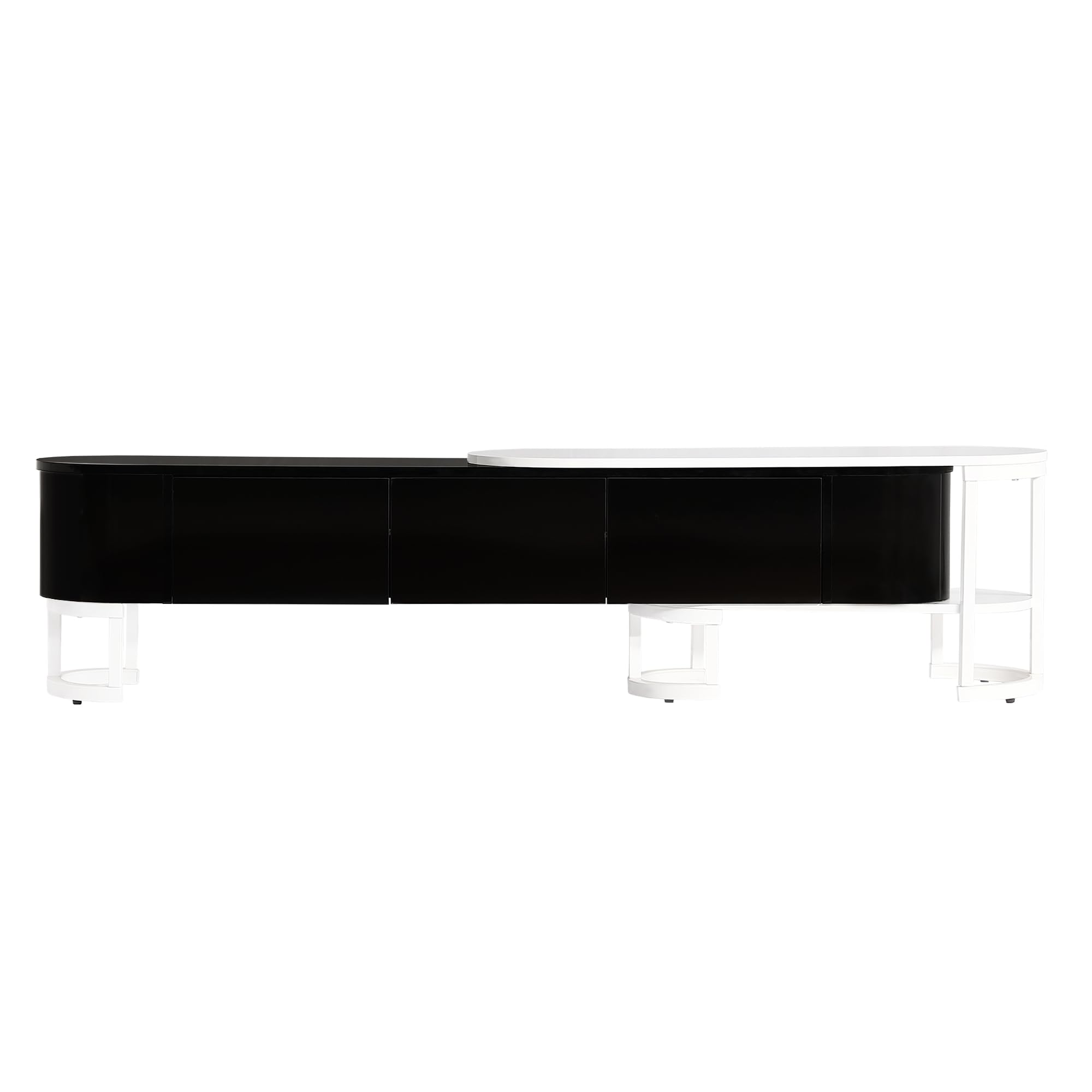 Modern Extendable TV Stand for 55-75 Inch TVs - Black Entertainment Center with 3 Storage Drawers & Adjustable Metal Legs (67.7-76.4