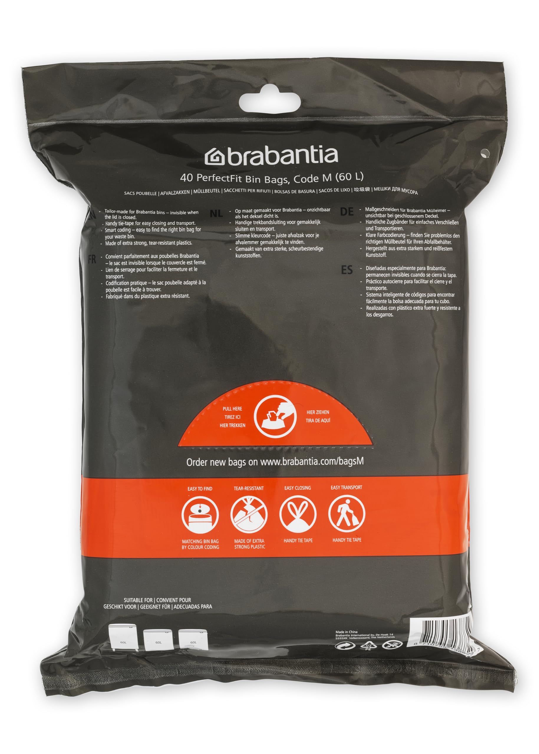 Brabantia PerfectFit Trash Bags - 16 Gallon Medium Size, Thick Plastic Drawstring Trash Can Liners (40 Count) - Ideal for Kitchen, Office & Bathroom Waste Disposal