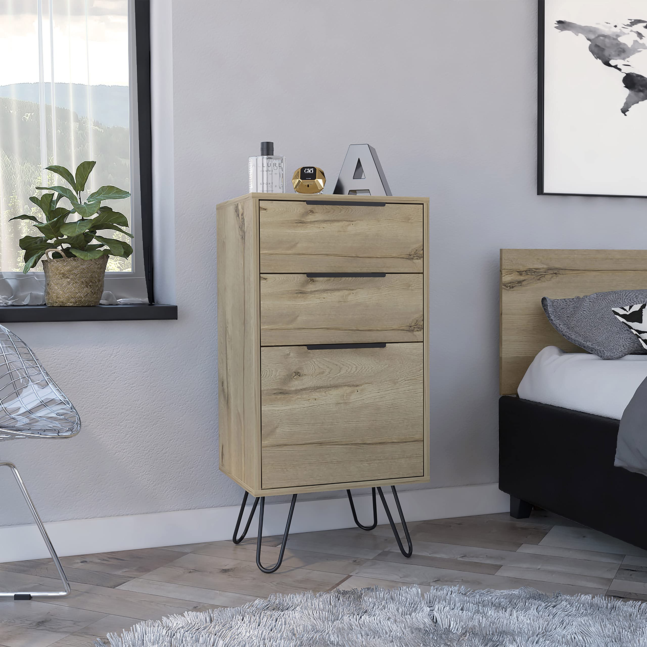 FM FURNITURE London Dresser with 3 Drawers - Light Oak Wood Bedroom Dresser with Countertop & 4 Sturdy Steel Legs - Perfect for Bedroom Storage, Closet Organization & Home Decor