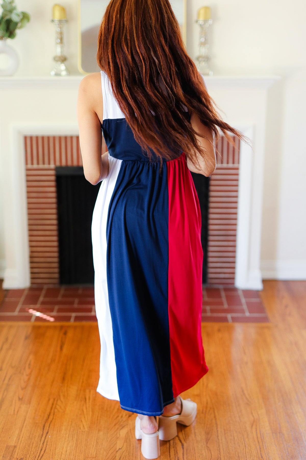 American Flag Color Block Fit & Flare Maxi Dress for Women - Perfect for 4th of July, Memorial Day & Patriotic Events