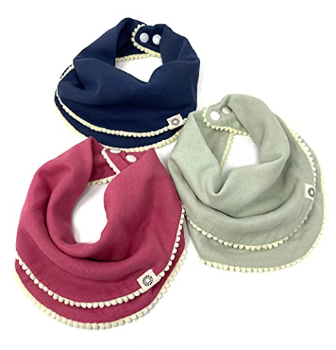 Organic Cotton Baby Drool Bibs for Girls - Soft Fairtrade & GOTS Certified Muslin Bib with Snap Closure - Indi Blue, Sage, Antique Pink - Perfect for Feeding, Teething & Everyday Use