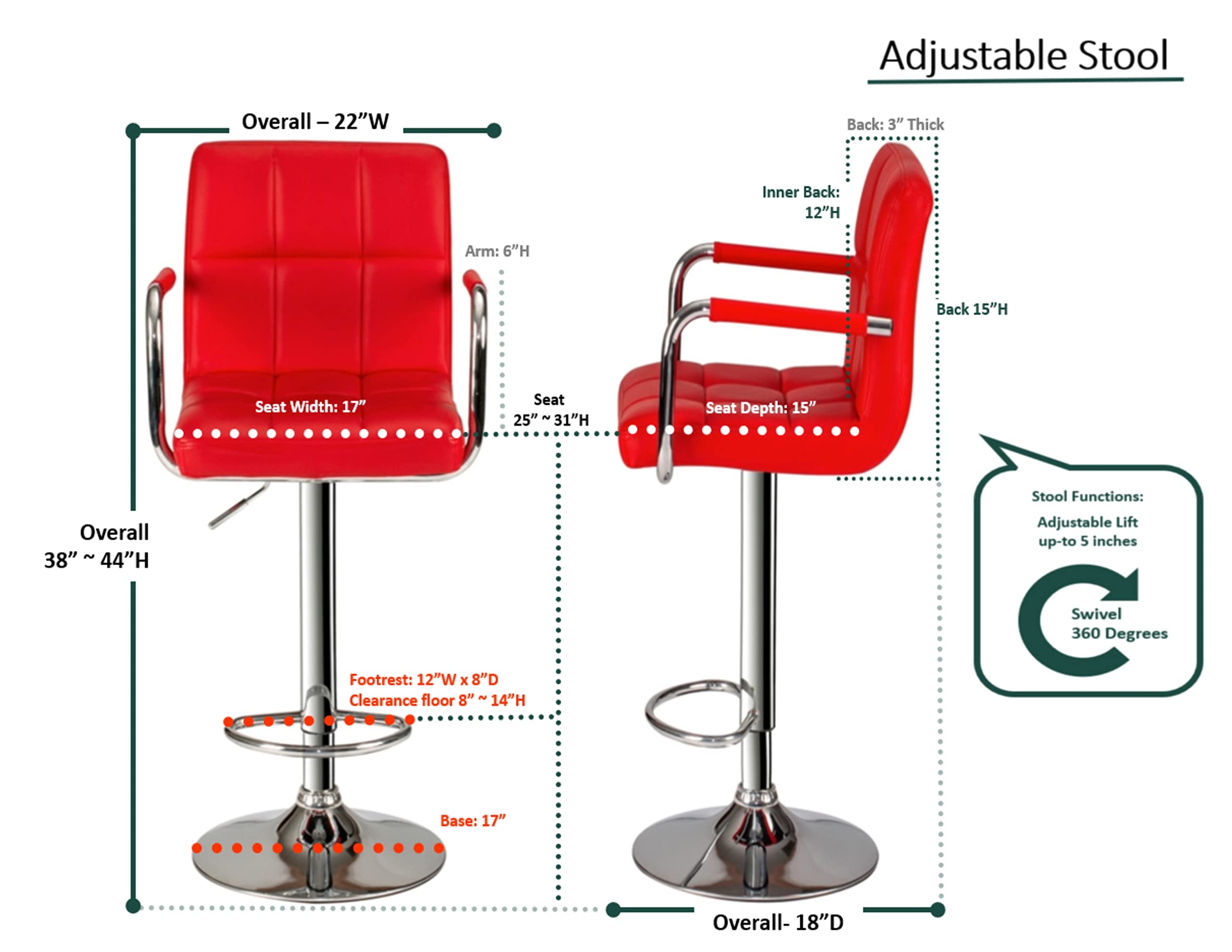 Poundex 2-Piece Red PU Leather Tufted L-Shaped Bar Stool Set - Modern Kitchen Island & Home Bar Counter Stools for Dining & Entertaining