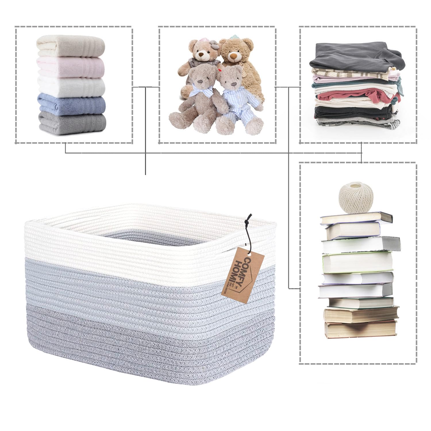 COMFY-HOMI Cotton Rope Storage Basket with Handles - 13.5