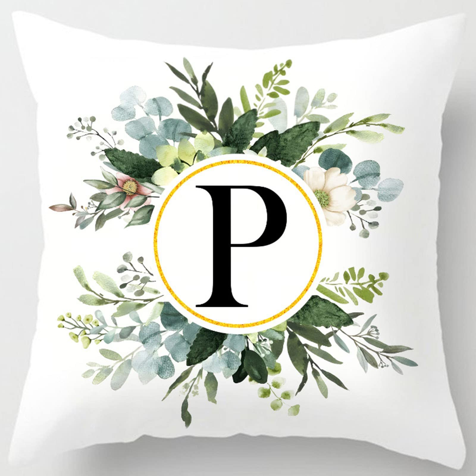 Monogram Letter P Floral Decorative Pillow Cover - 18x18 Inch Personalized Initial Throw Pillow Case for Sofa, Bed & Home Decor - Perfect for Living Room, Nursery or Wedding Gift