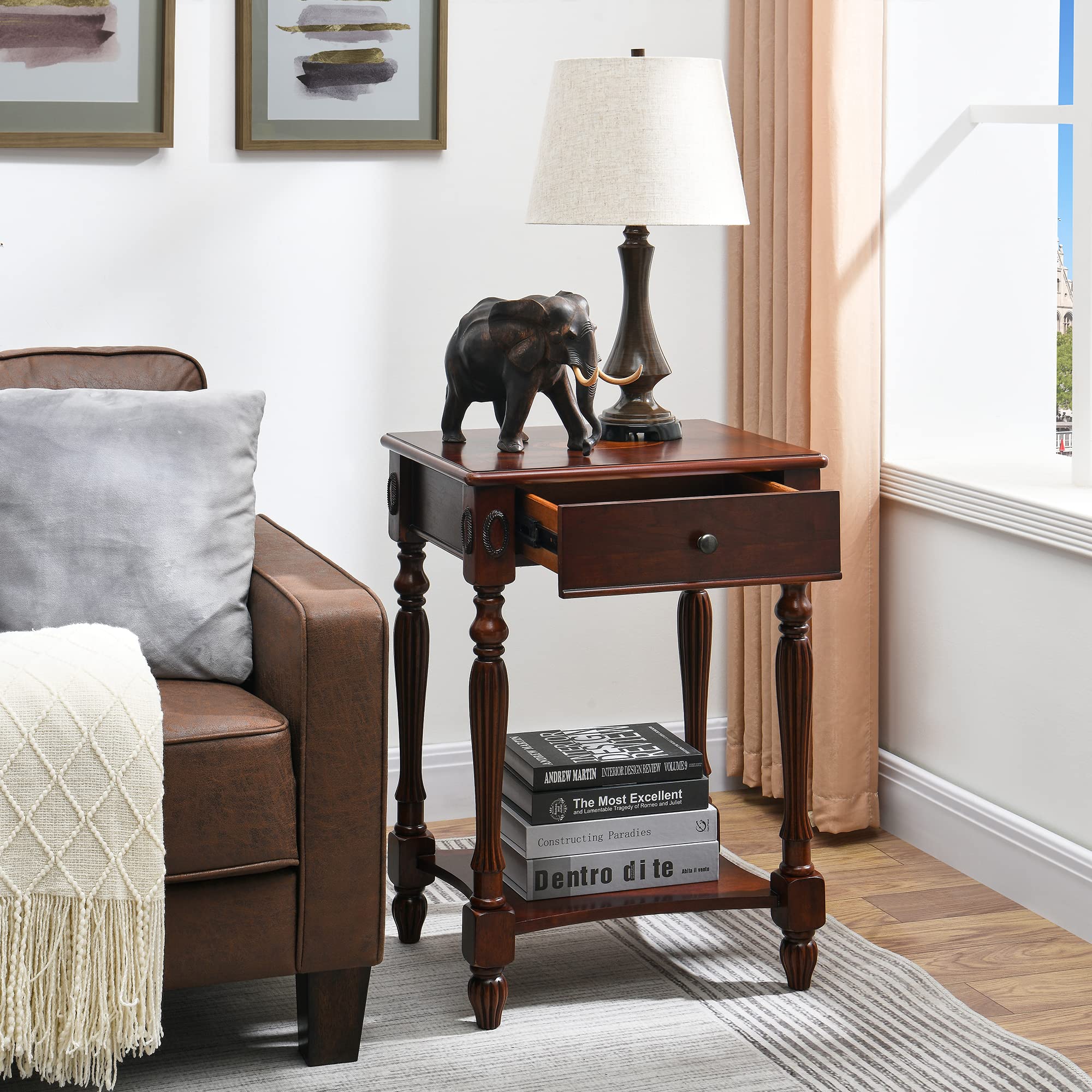 Solid Wood Side Table with Drawer & Storage Shelf - Traditional Walnut End Table, Narrow Telephone Stand, Nightstand & Sofa Table for Living Room, Bedroom & Office - Perfect for Small Spaces & Home Decor (GBJ1533WD)