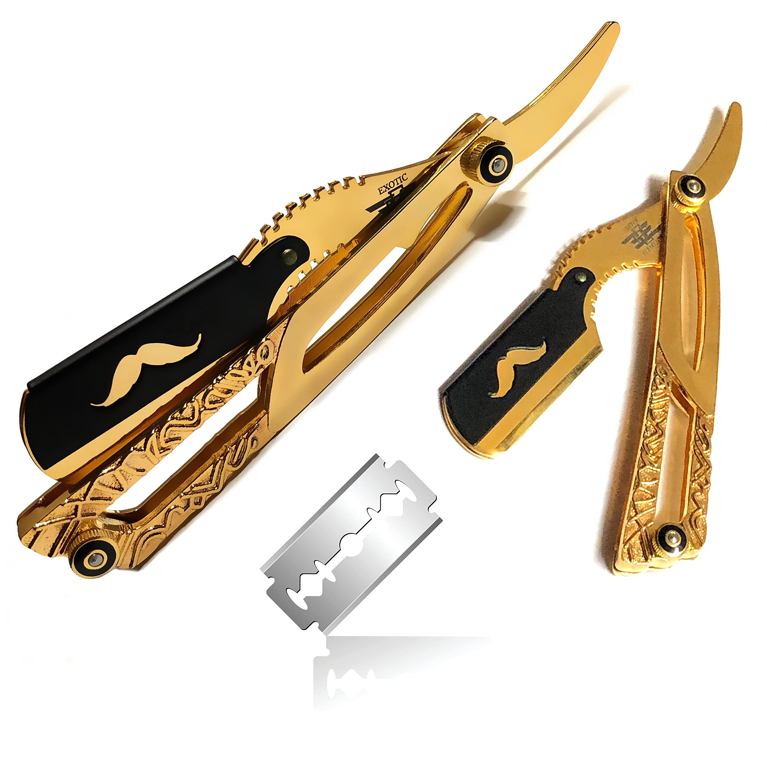 Premium Gold-Plated Barber Straight Razor - Classic Folding Shaving Razor with Black Handle & Recyclable Blades for Men's Grooming, Shaving & Beard Care | Professional Salon & Home Use