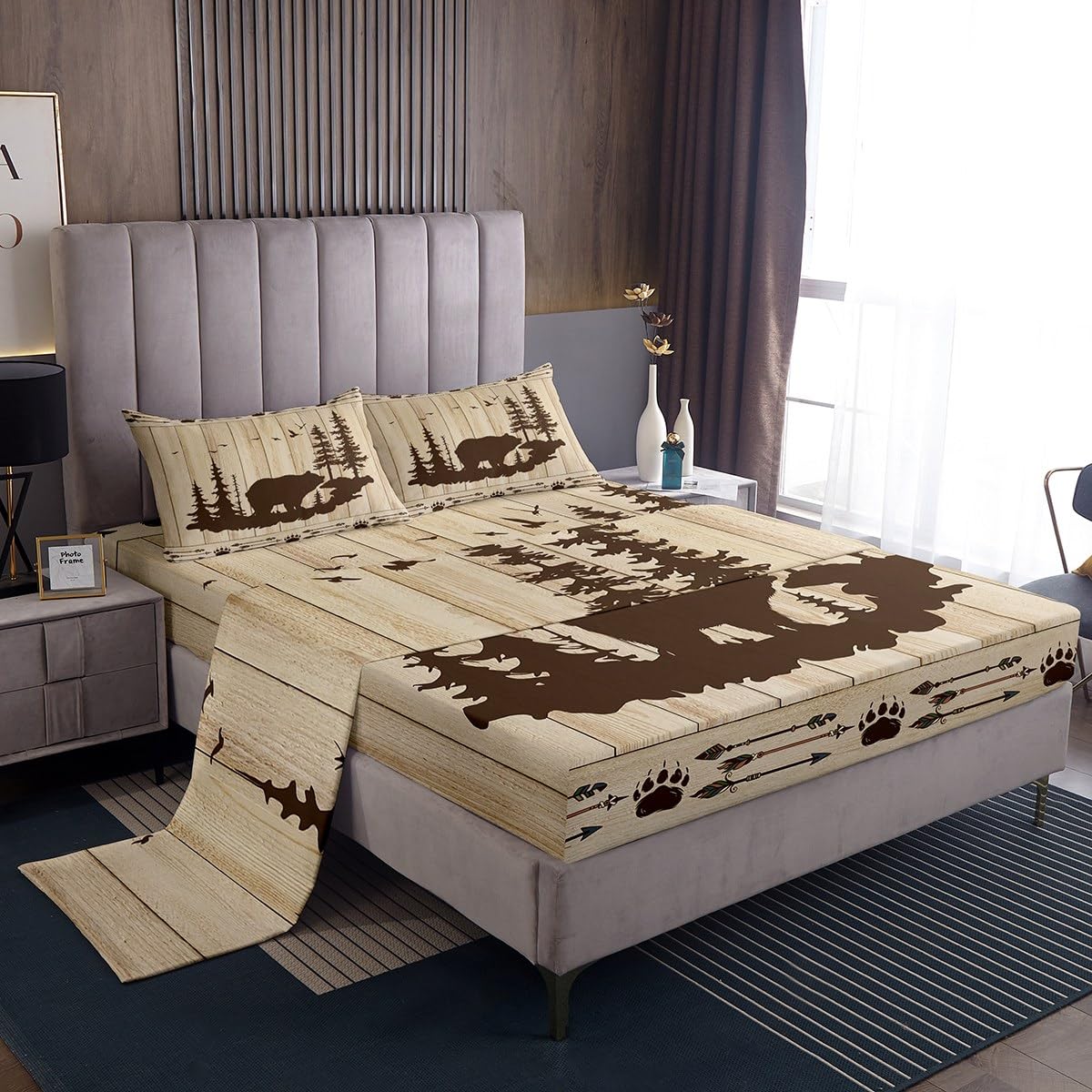 Wild Animal Hunting Bear Sheet Set - Tribal Arrow Paw Print Bedding for Twin Bed - Rustic Farmhouse Cabin Decor with Pine Trees & Big Cat Design - Perfect for Log Cabin, Hunting Lodge, or Western-Themed Bedroom