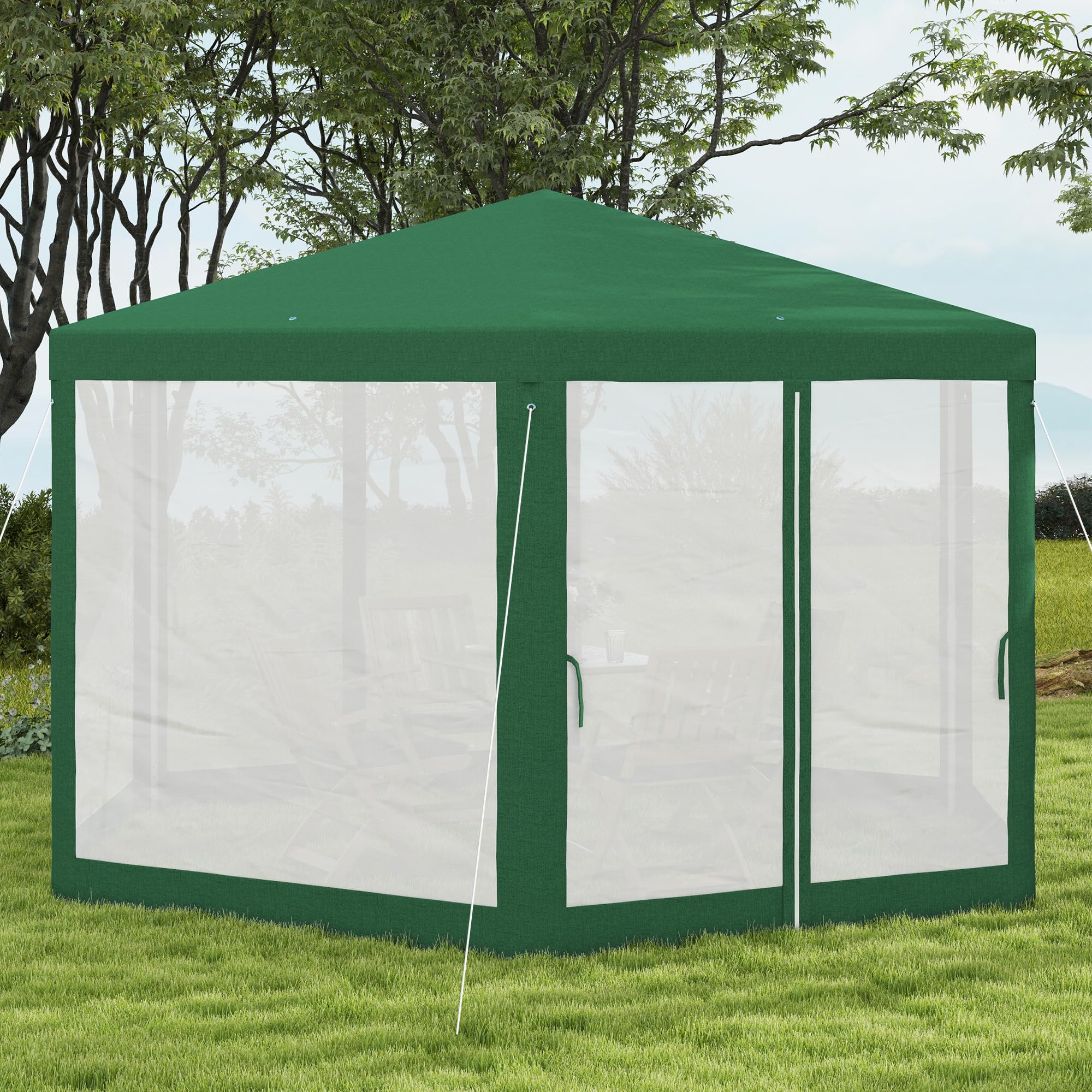 Outsunny 13' x 11' Hexagon Outdoor Party Tent with Mesh Screen Sidewalls - Sun Shade Shelter Canopy for Backyard, Picnic & BBQ - Includes Ropes & Stakes (Green)