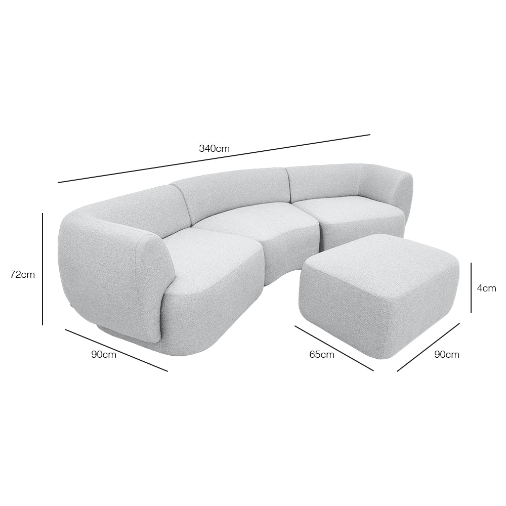 Pebble Curve 4-Seater Sectional Sofa with Ottoman - EcoClean Fabric, Modern L-Shaped Couch for Living Room, Family Room & Lounge Areas