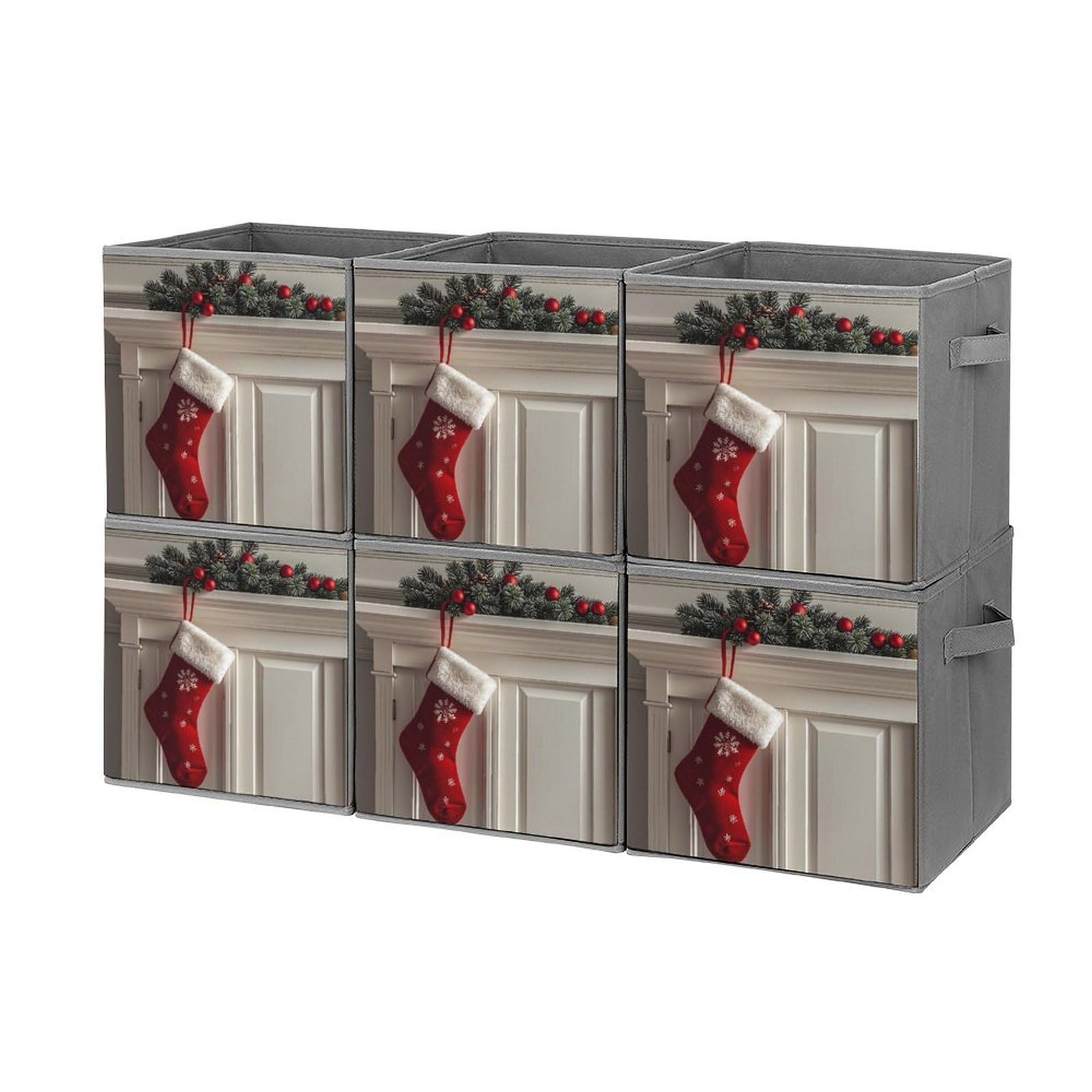 6PCS Foldable Storage Bins with Handles - Large Capacity Christmas Stocking Printed Storage Boxes & Cubes for Playroom, Office, Home Organization | Perfect for Holiday Decor, Toy Storage & Clutter Control