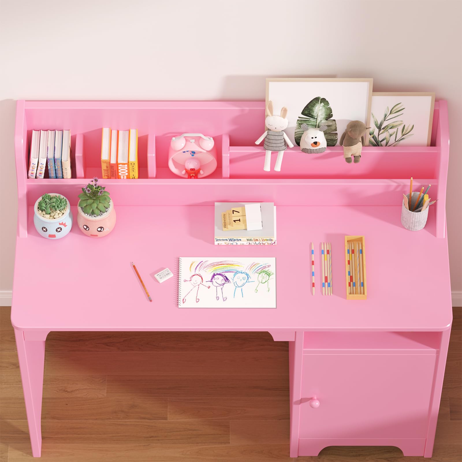 White Kids Desk with Chair - Wooden Study Desk for Boys & Girls, Hutch & Storage Cabinet, Children's Writing Table & Computer Workstation - Perfect for Bedroom, Study Room & Homeschooling (Pink)
