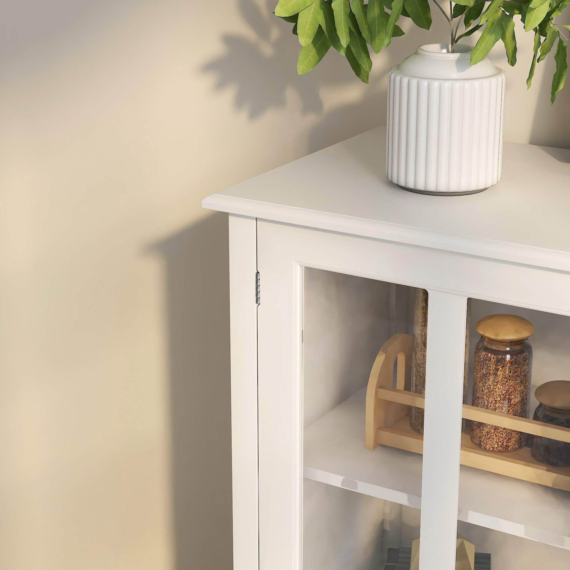 LERFAN Buffet Sideboard with 1 Drawer & Double Glass Doors - Display Storage Cabinet with Unique Bell Handle for Living Room, Dining Room & Kitchen - Perfect for Showcasing China, Storing Linens or as a Stylish Bar Cabinet