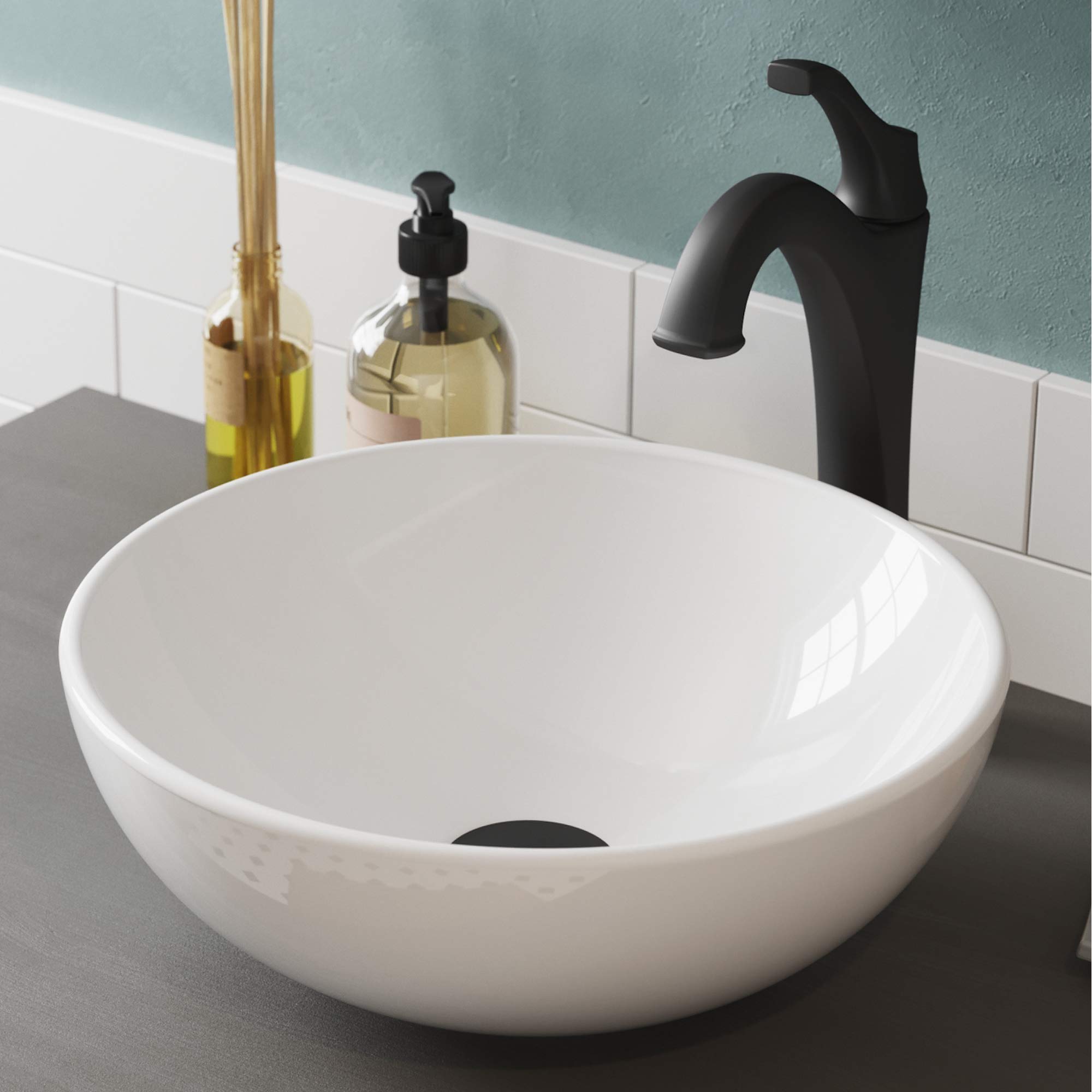 KRAUS Elavo 14-inch Round White Porcelain Ceramic Bathroom Vessel Sink with Matte Black Arlo Faucet & Pop-Up Drain Combo Set | Modern Vanity Sink for Powder Room, Guest Bath, or Master Bathroom (Model C-KCV-341-1200MB)