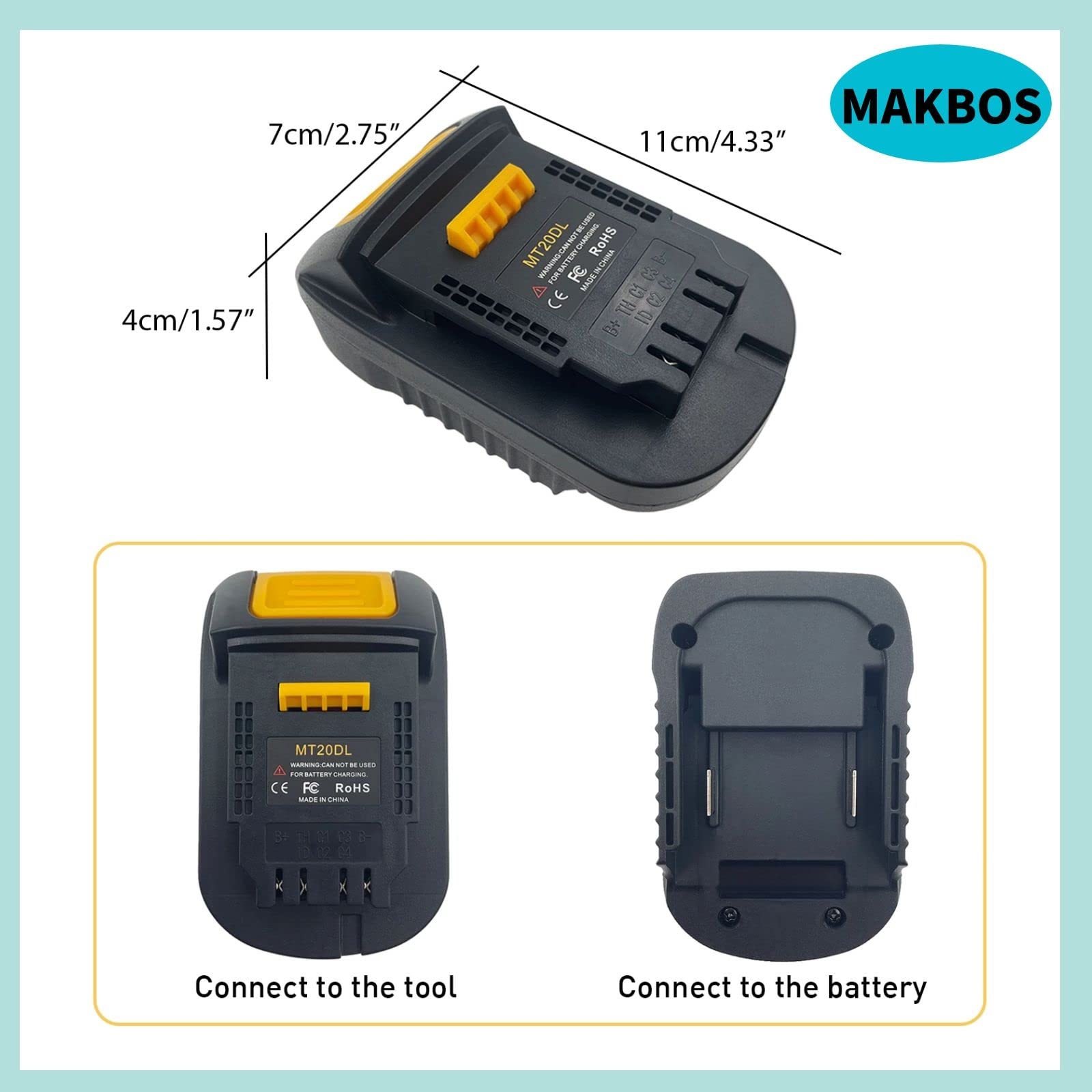 DeWalt 20V to Makita 18V Battery Adapter - MT20DL Converter for BL1430 BL1860 BL1815 Li-ion to DeWalt DCB200 18V/20V Lithium-Ion - Power Tool Accessory for DIY, Construction & Woodworking Projects