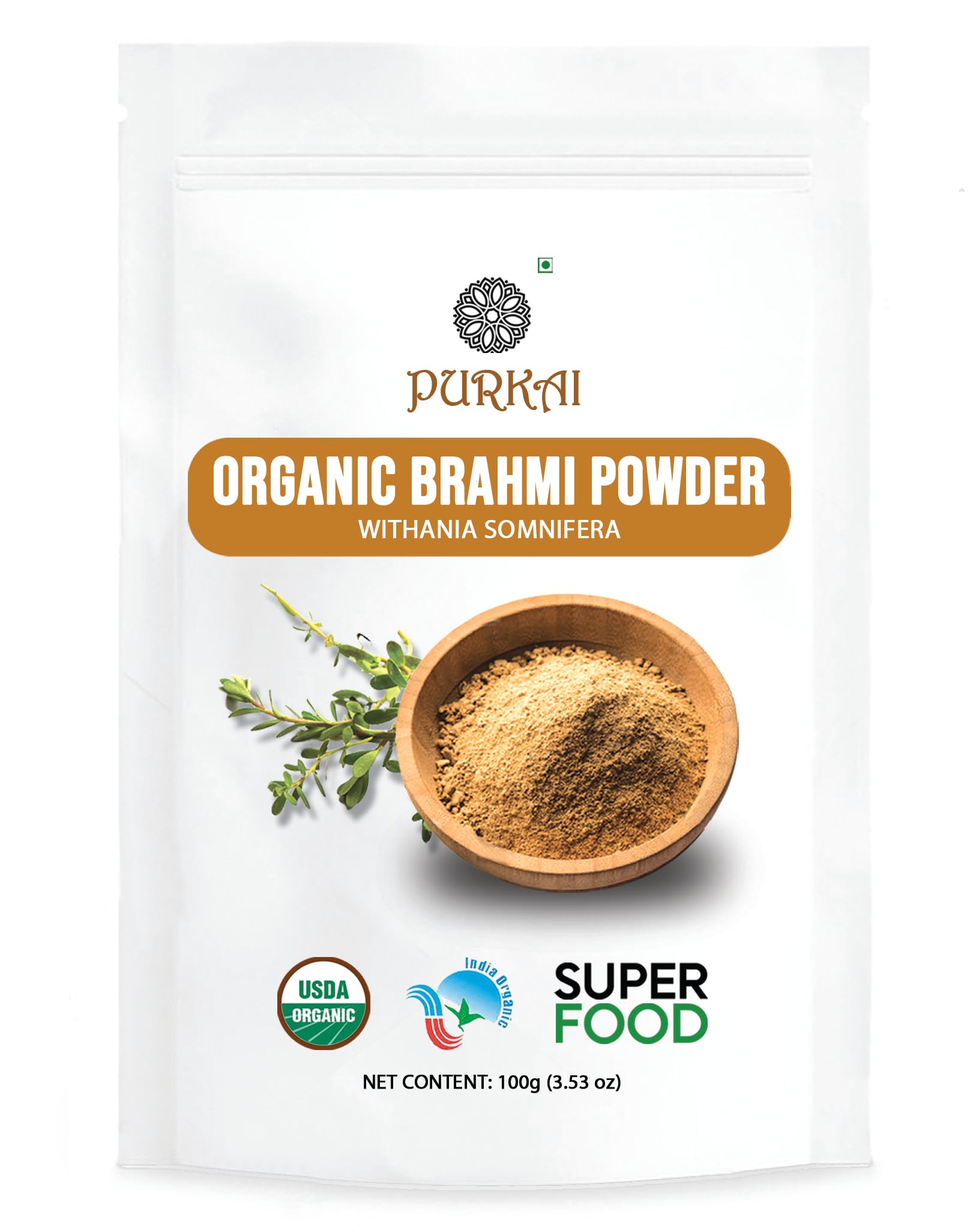 PURKAI - 100% Organic Brahmi Powder (Bacopa Monnieri) | Natural Stress Relief & Anxiety Support | Hair Growth & Scalp Care Supplement | Perfect for Meditation, Study Focus & Ayurvedic Wellness Routines