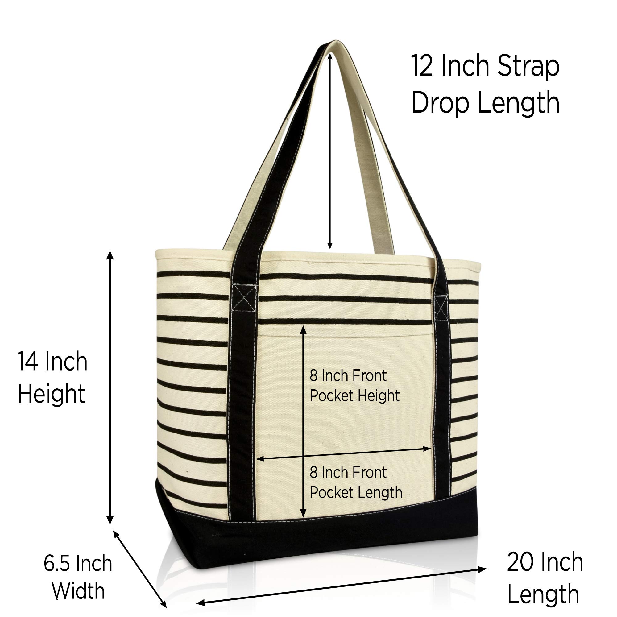 DALIX Medium Stripe Tote Bag - Deluxe Cotton Canvas Shoulder Bag for Women in Black | Perfect for Work, Travel & Everyday Use