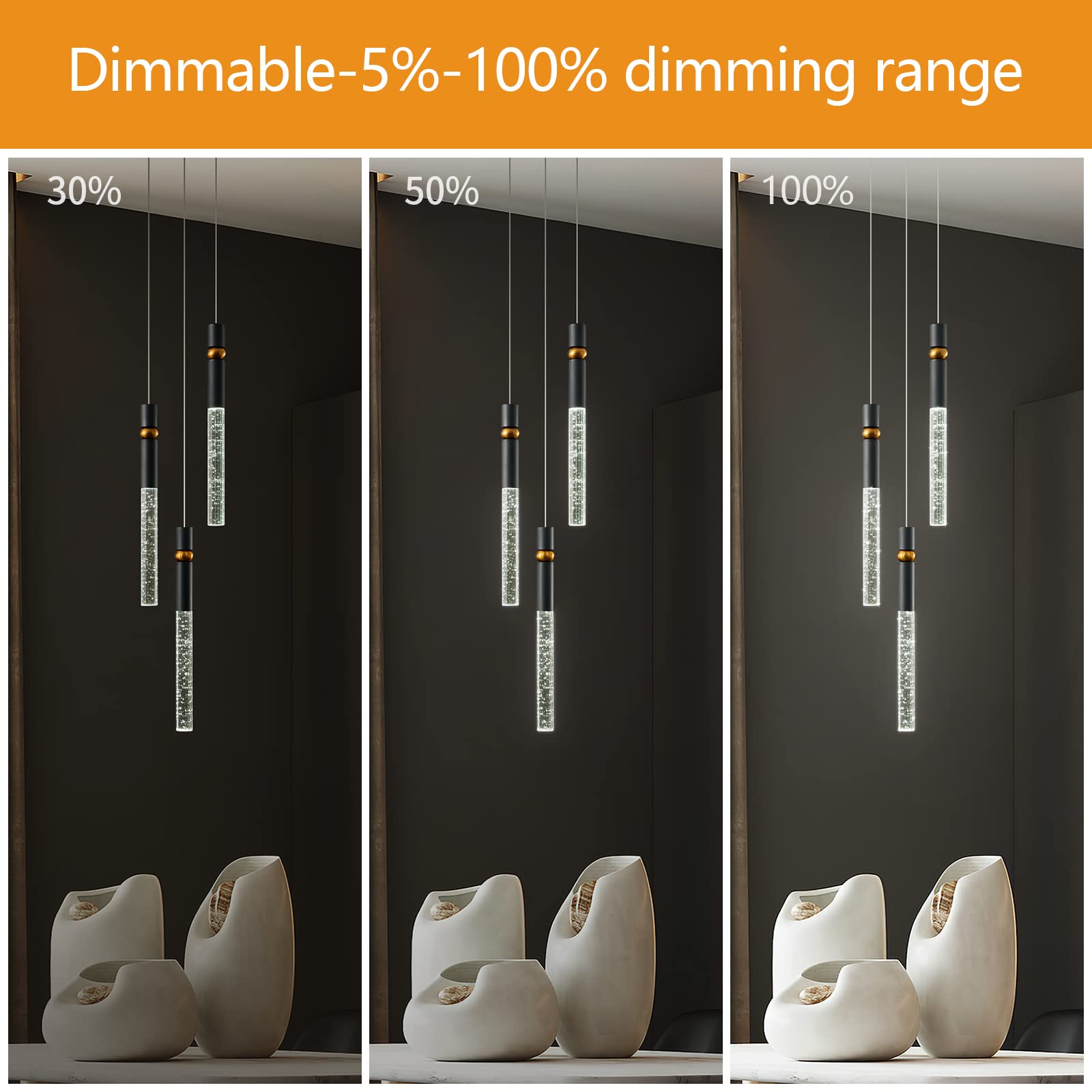 LMQNINE Modern Black Dimmable LED Mini Pendant Light with Bubble Crystal - 3-Light Kitchen Island Ceiling Fixture for Bedroom, Dining Room & Home Decor | Energy-Efficient Lighting for Stylish Interiors
