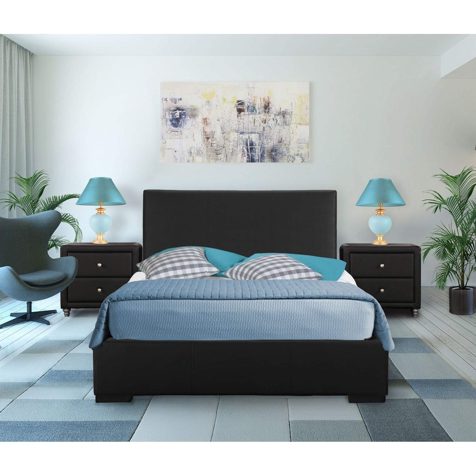 Modern Black Faux Leather Upholstered 2-Drawer Nightstand - No Tools Assembly Required | Perfect for Bedroom, Guest Room & Apartment Decor