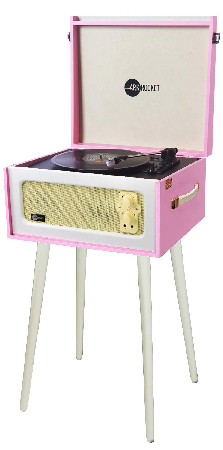 Arkrocket 3-Speed Bluetooth Vintage Record Player with Built-in Speakers, Removable Legs & USB Recording - Wireless Vinyl Turntable for Home, Office & Party (Limited Edition Pink/White)
