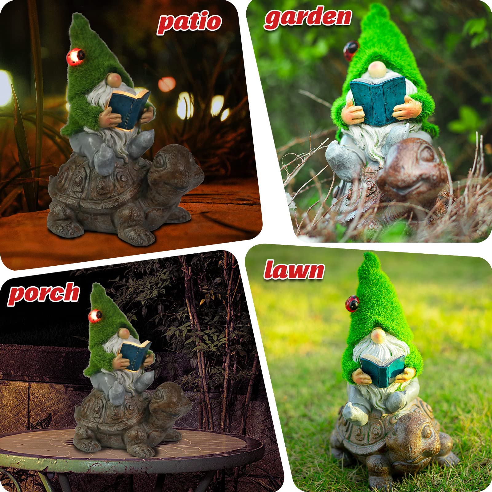 Solar-Powered Garden Gnome Sitting on Turtle Statue - Outdoor Decor with LED Lights for Patio, Yard, Lawn & Porch - Perfect for Fairy Gardens & Landscape Decoration