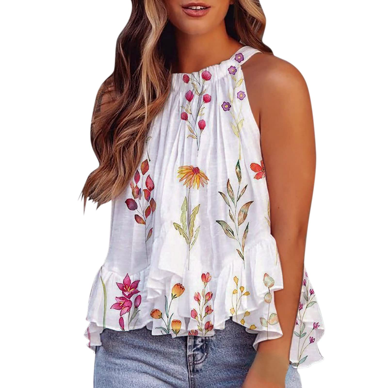 Elegant Floral Print Chiffon Halter Top for Women - Sleeveless Ruffle Hem Blouse, Summer Flowy Tunic Tank Top | Perfect for Beach Vacations, Date Nights & Casual Outings