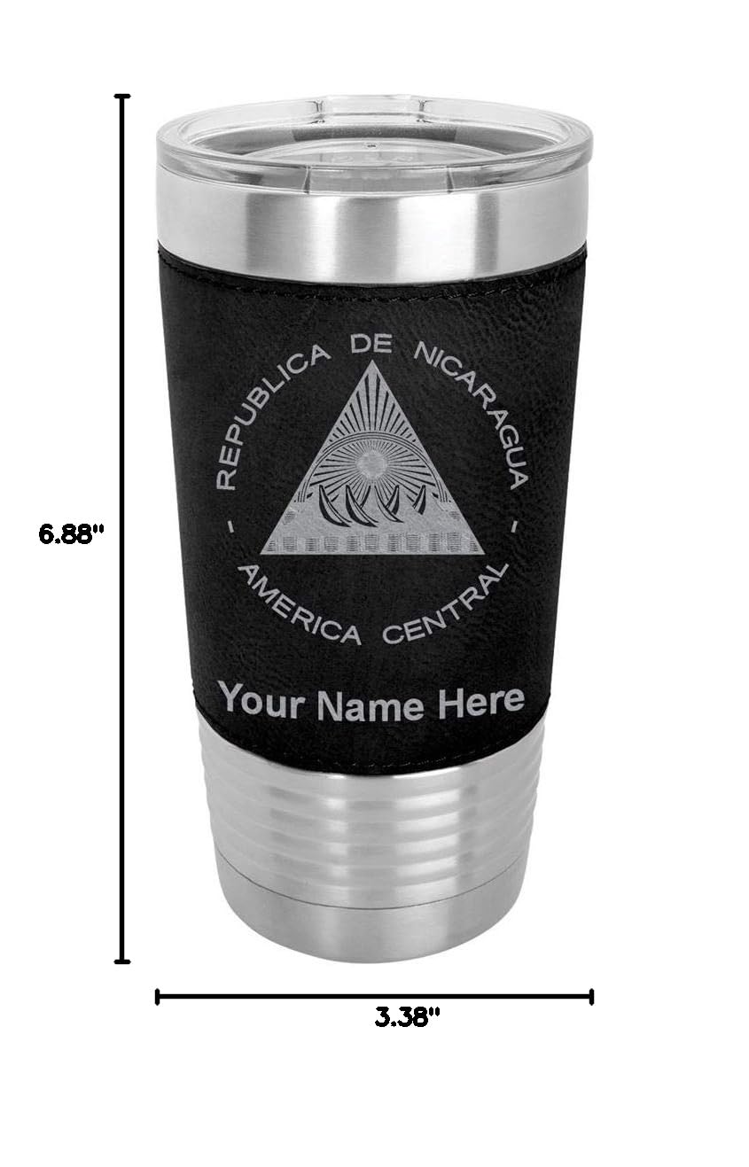 LaserGram 20oz Vacuum Insulated Stainless Steel Tumbler Mug with Nicaraguan Flag Design - Personalized Engraving & Faux Leather Lid - Keeps Drinks Hot/Cold for Hours - Perfect for Travel, Office & Outdoor Activities