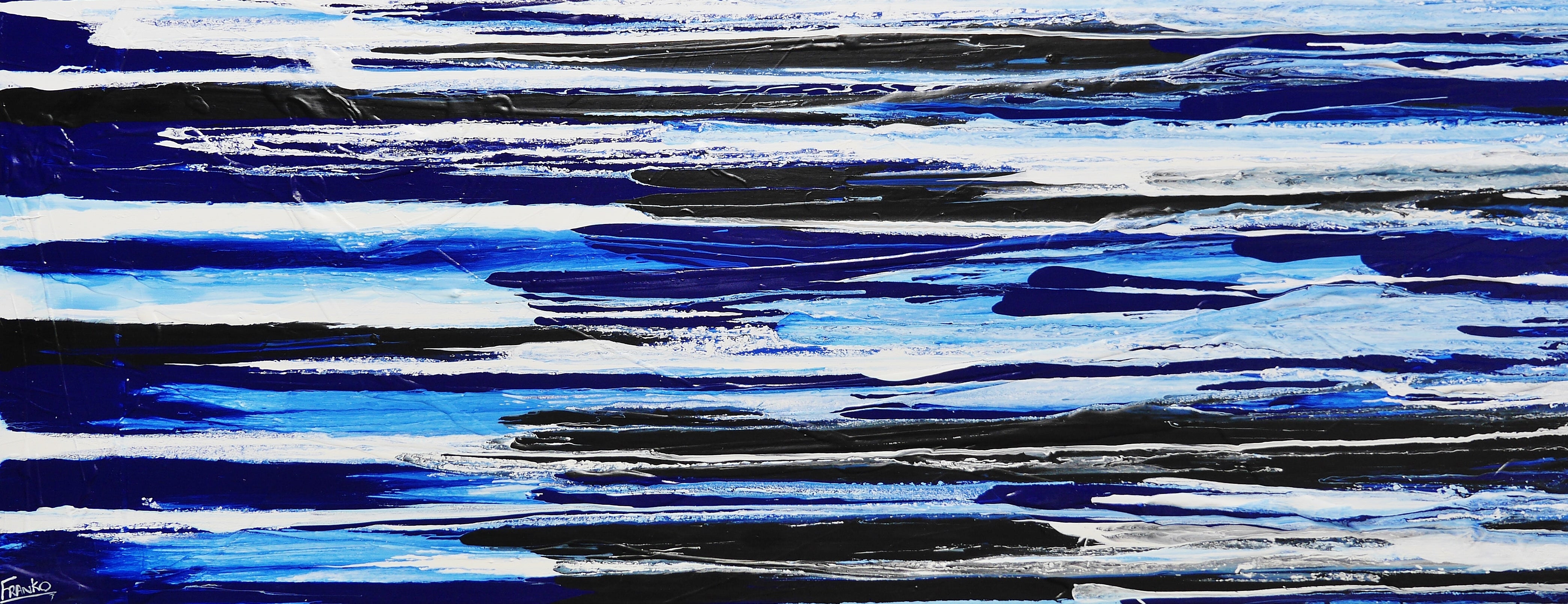 Blue White Black Textured Abstract Painting - Sapphire Flow 200cm x 80cm Canvas Wall Art for Living Room, Bedroom & Office Decor