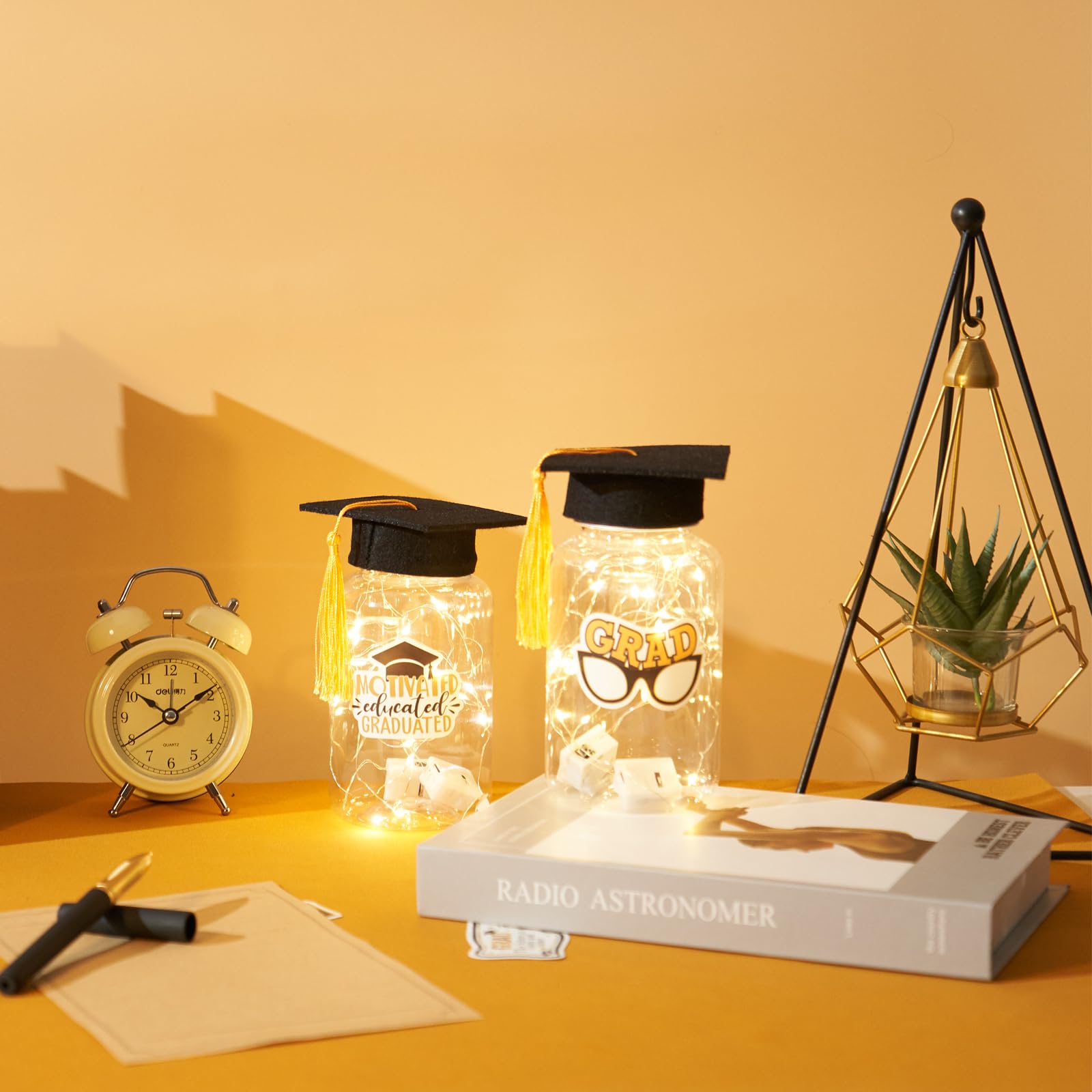 8 Pcs Graduation Jar Decorations with LED Lights - Class of 2025 Graduation Party Decor Set with Gratitude Jars, Graduation Hats & Stickers - Perfect for Graduation Table Centerpieces, Dorm Room Decor & Celebration Gifts