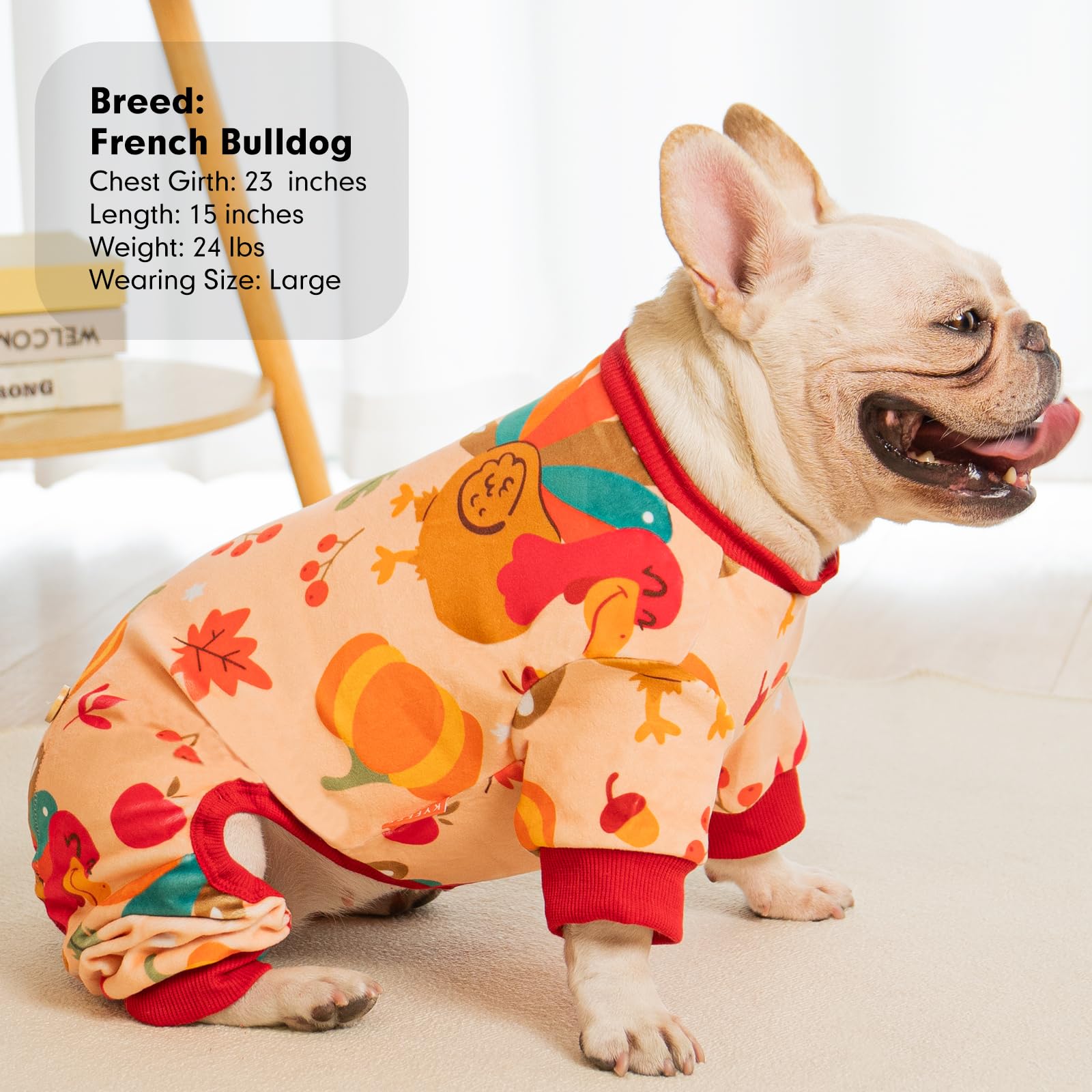 KYEESE Thanksgiving Dog Pajamas - Soft & Stretchable Turkey Print Velvet Onesie for Small & Medium Dogs | Cozy Dog Pjs, Apparel & Clothes for Holiday Family Gatherings & Indoor Lounging