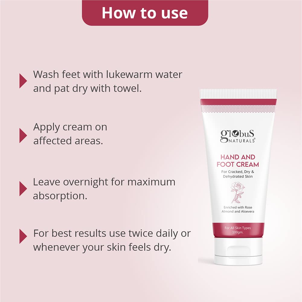 Globus Naturals Nourishing Hand & Foot Cream with Rose & Anantmool - Deep Moisturizer for Dry Skin - All Skin Types - 100g - Perfect for Daily Hydration & Cracked Heel Care