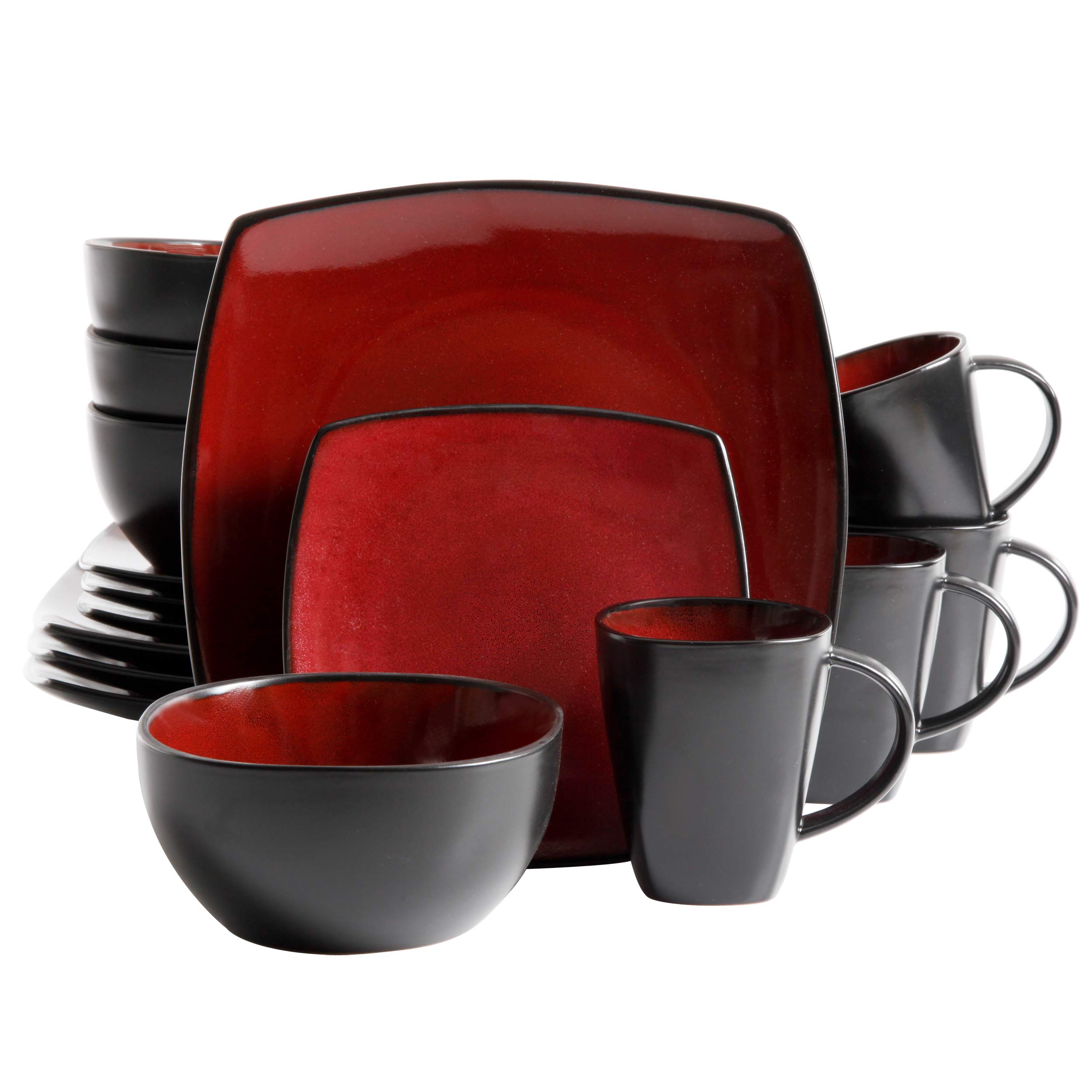 Cook N Home 16-Piece Nonstick Pots and Pans Set with Gibson Soho 16-Piece Square Dinnerware Set - Service for 4, Red | Complete Kitchen Cookware & Dish Set for Family Dinners & Entertaining