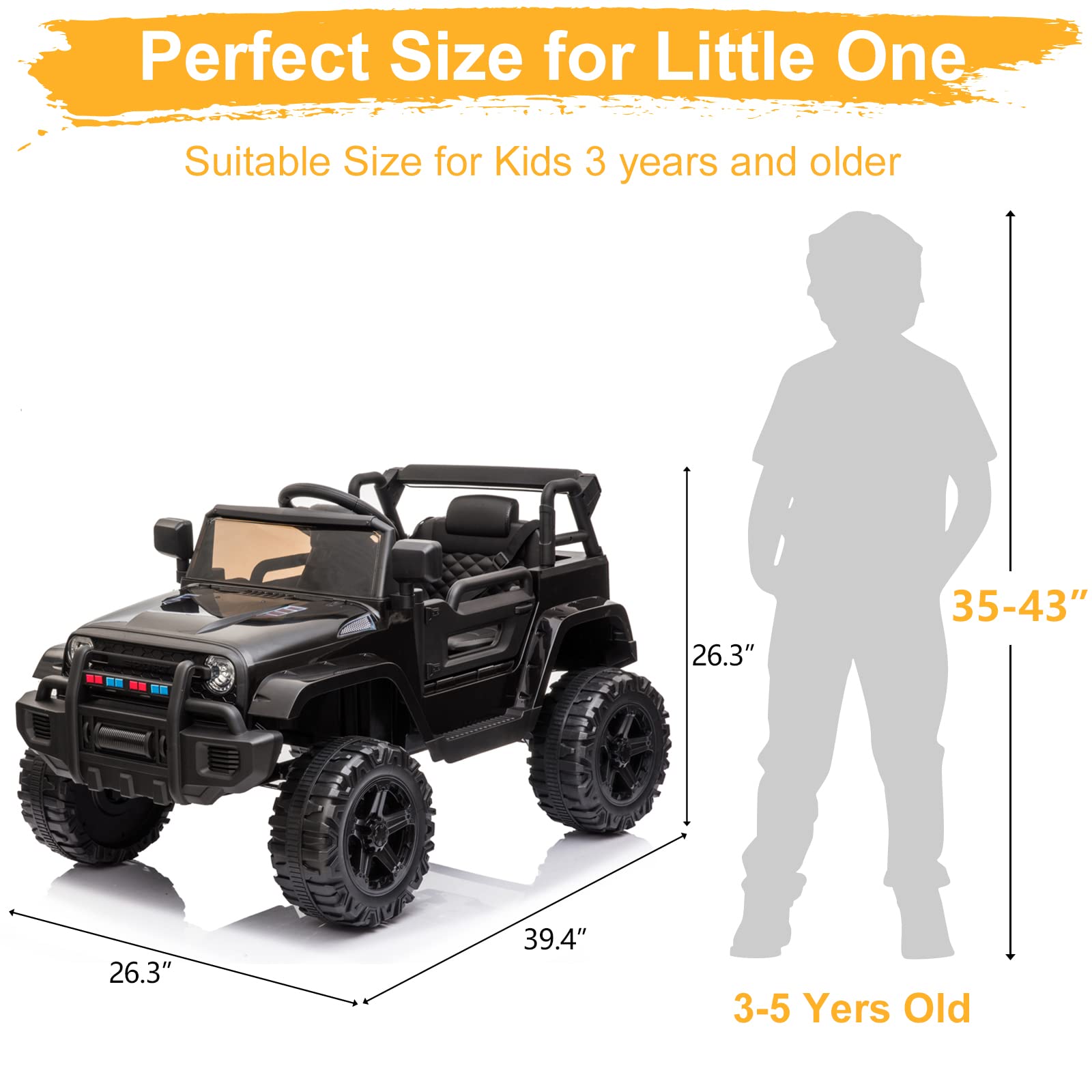 **12V Kids Electric Ride-On Truck with 2.4G Remote Control - 3 Speeds, Spring Suspension, LED Lights, Horn & Music Player - Motorized Toy Car for Ages 3-5 - Perfect for Indoor & Outdoor Play (Black)**