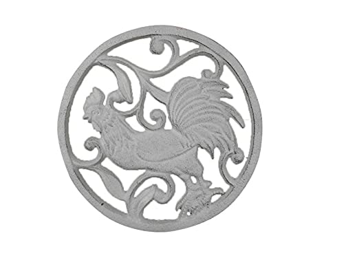 Handcrafted Whitewashed Cast Iron Rooster Trivet - 8 Inch Nautical Kitchen Decor for Hot Pots & Pans - Perfect for Farmhouse, Coastal & Cottage Style Homes