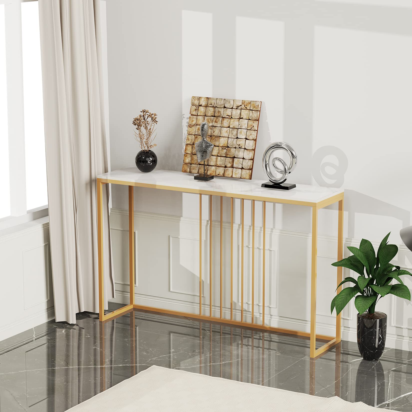 Wisfor Sintered Stone Console Table - Modern White Entryway Table with Gold Frame, Narrow Sofa Table for Hallway & Foyer, 39.4x11.8x30.9 Inch - Perfect for Living Room, Bedroom, or Office Decor