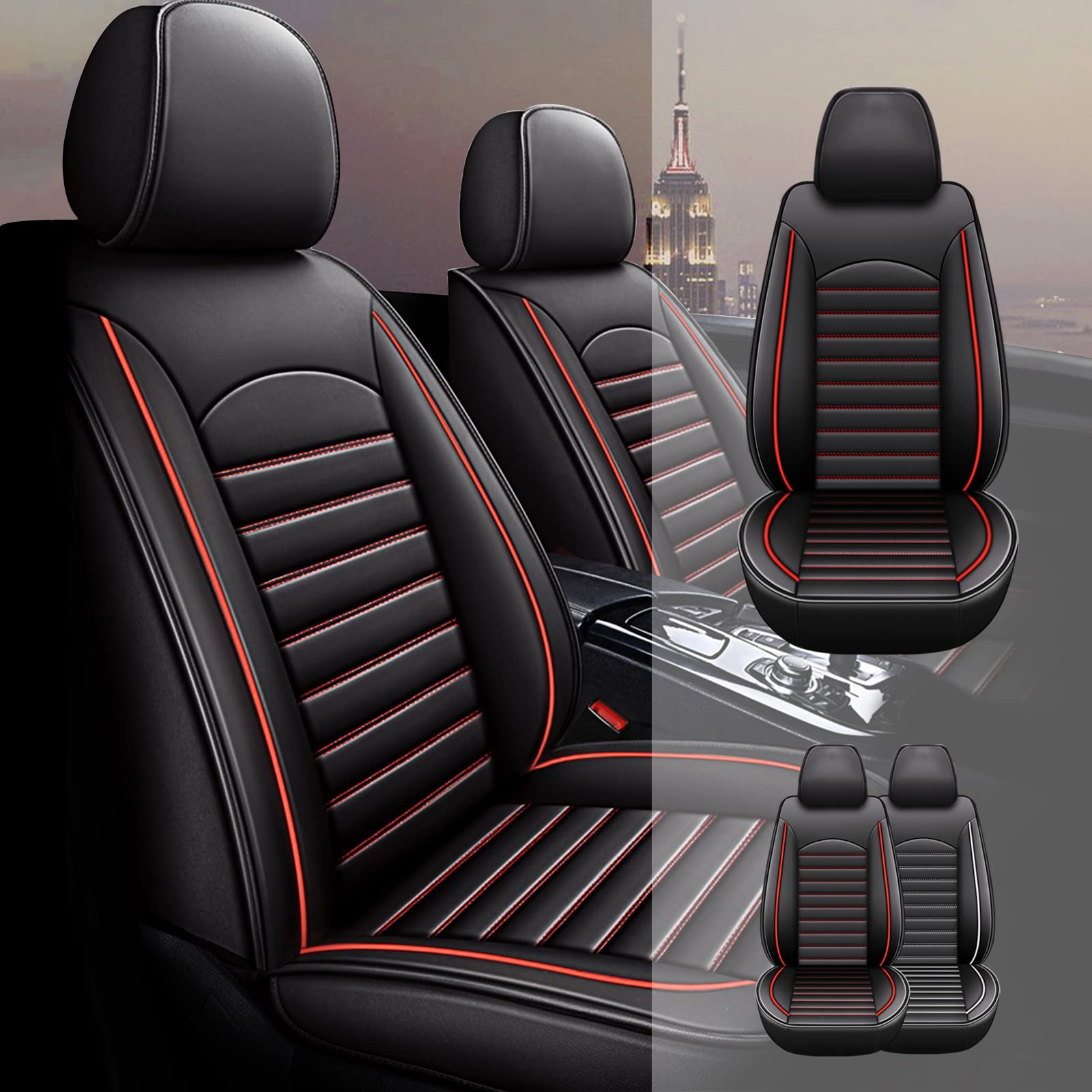 Premium Waterproof Faux Leather Car Seat Covers for Volkswagen Taos 2022-2023 - Airbag Compatible, Anti-Slip Design (Front Pair Only, Red Line) | Perfect for Daily Commuting, Road Trips & Protecting Seats from Spills, Pets & Wear