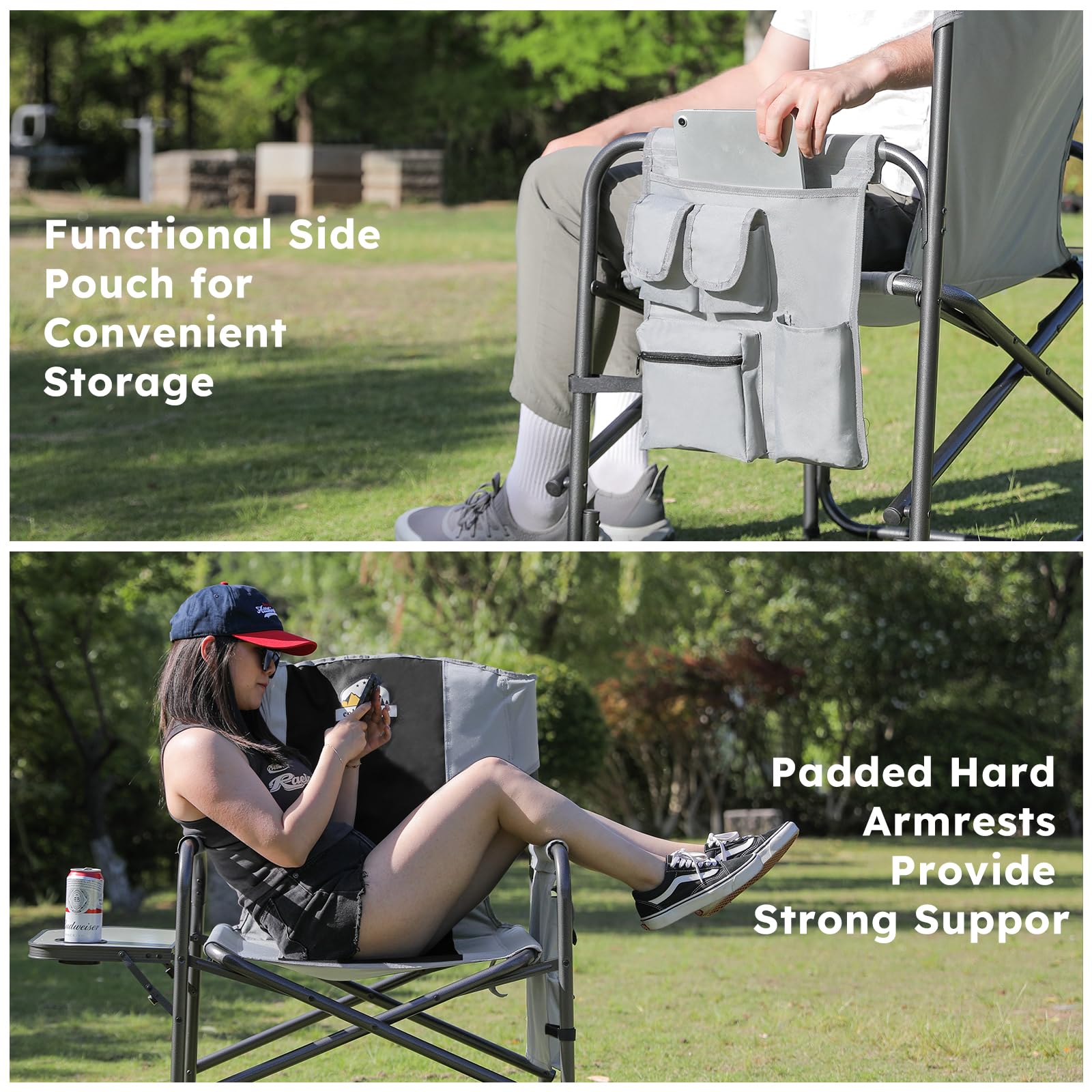 Heavy Duty Oversized Camping Chair with 600 LB Capacity - Folding Outdoor Chair with Detachable Side Pocket & Adjustable Side Table - Perfect for Beach, Lawn, Fishing, Tailgating & Backyard Relaxation (Black)